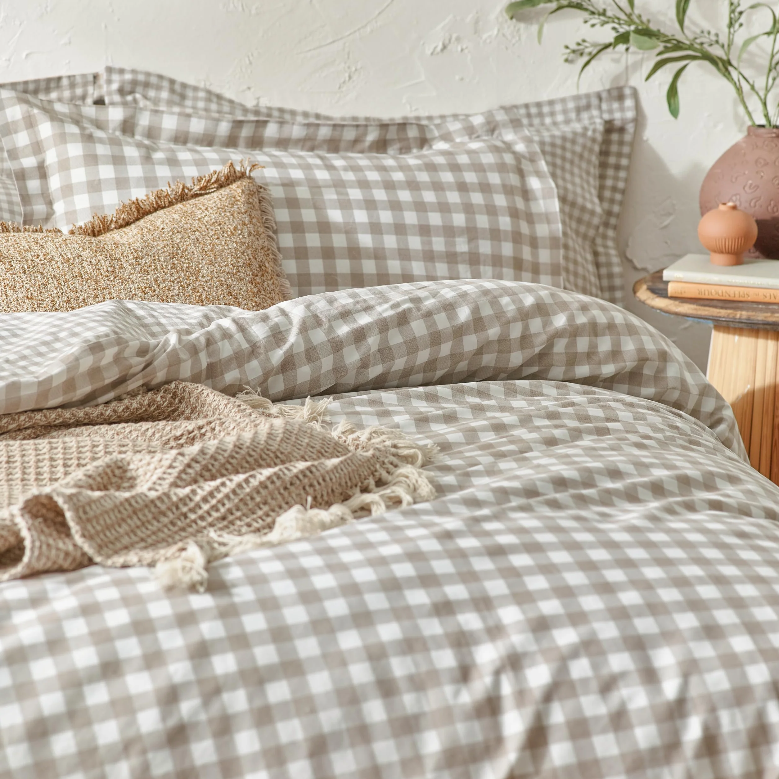 Yard Barton Cuadro Vichy Juego De Funda Nórdica – 100% Algodón Reversible Fundas De Almohada Oxford Suave Y Transpirable Ropa De Cama Premium (Natural – King – 230x220cm)