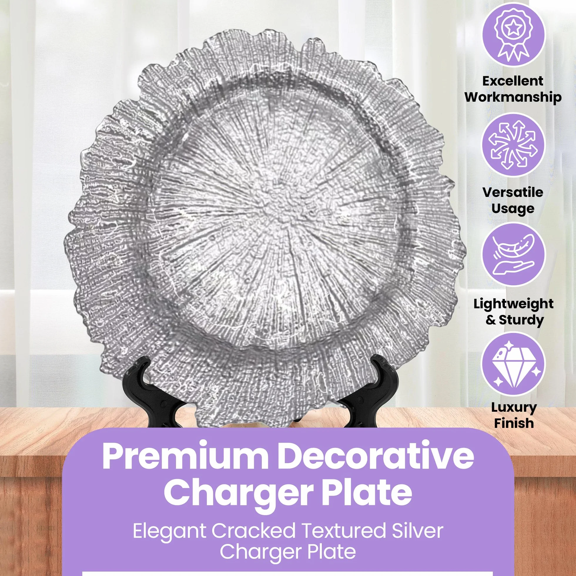 Platos de carga plateados de diseño vintage – 33 cm elegantes platos de polipropileno para bodas, fiestas, aniversarios, cumpleaños, vajilla, eventos de catering y eventos especiales – Juego de 6