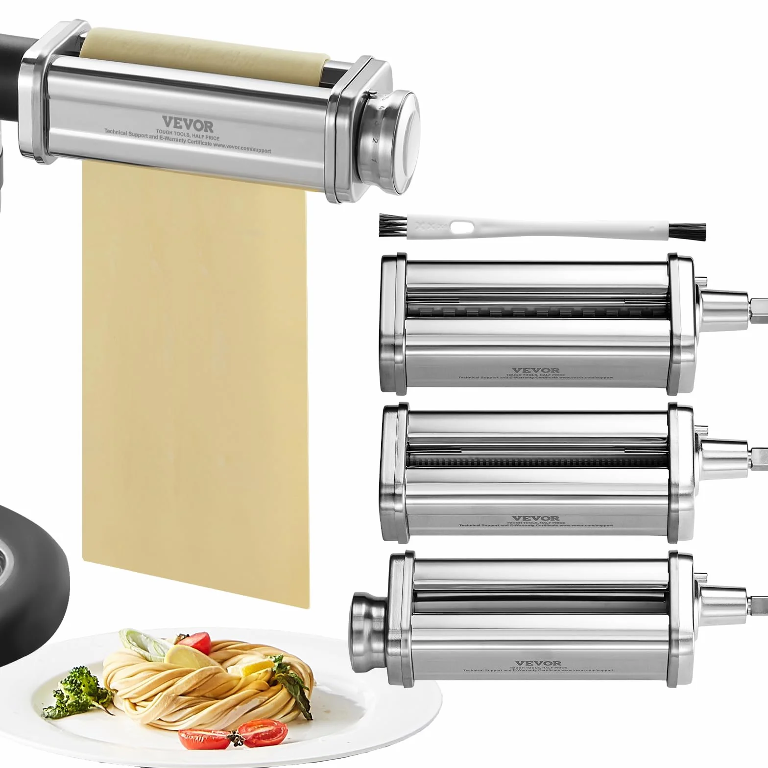 VEVOR Accesorios de Pasta para Procesador de Alimentos 3 Rodillos para Pasta con Cortador de Espaguetis y Cortador de Fettuccine de Acero Inoxidable 8 Ajustes de Espesor 0,3-2 mm para Tortillas