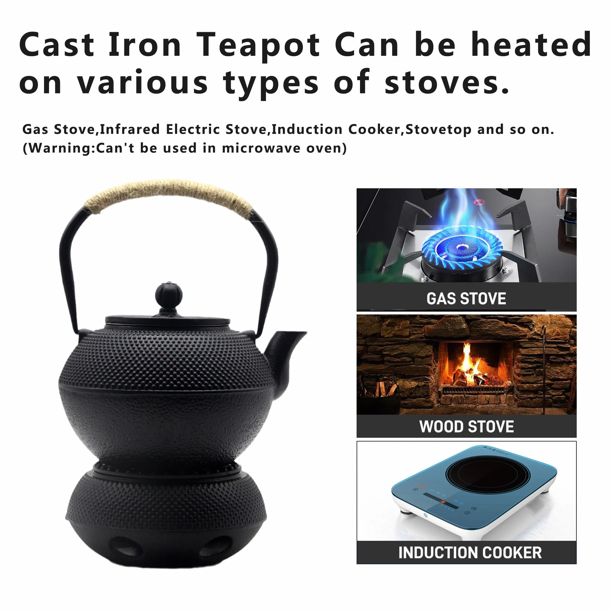 Juego de tetera de hierro fundido con calentador de hierro fundido, juego de tetera japonesa Tetsubin con tazas, tetera de hierro fundido con infusor de acero inoxidable e interior esmaltado (juego de