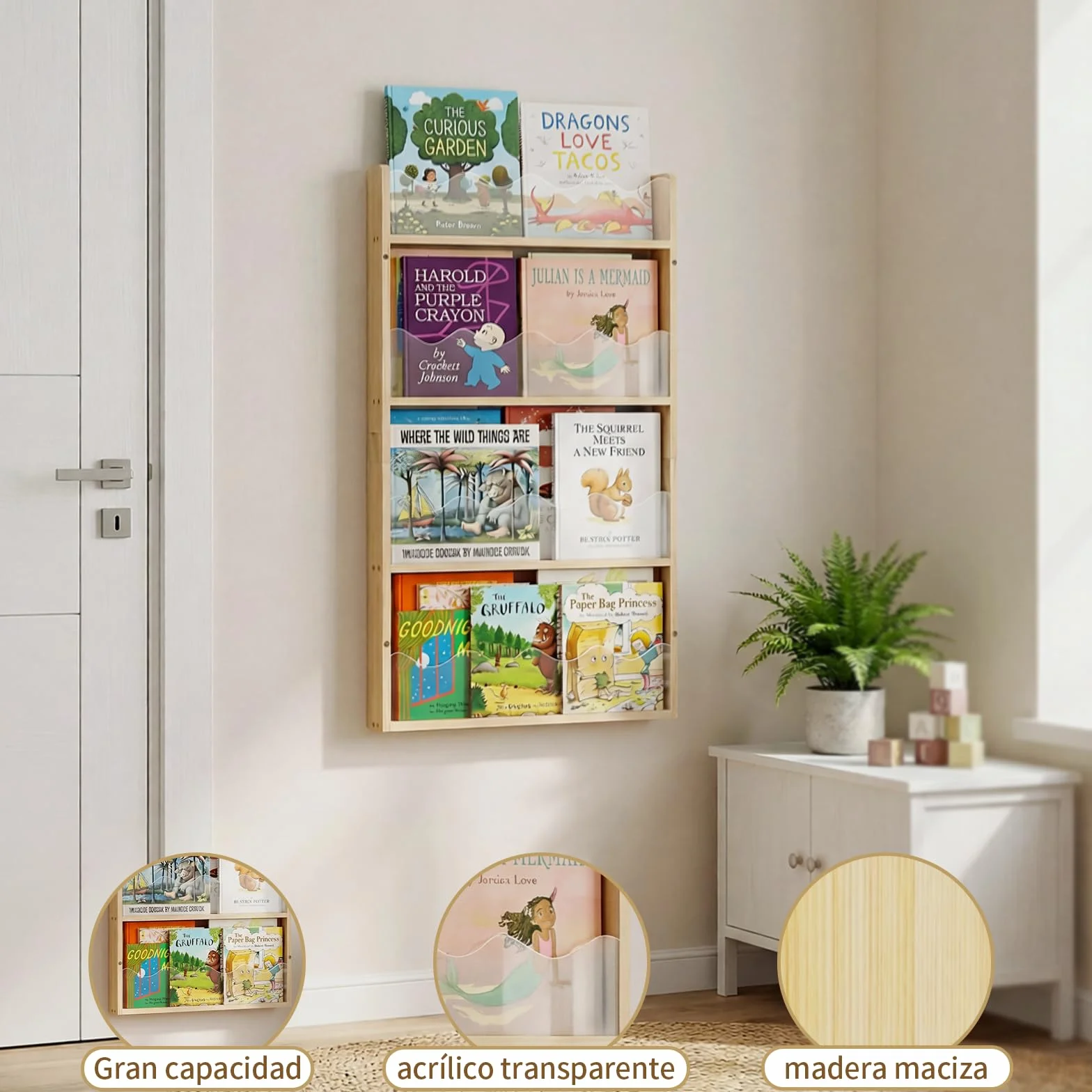 Librería Infantil de Pared 4 Niveles Madera y Acrílico, Estantería para Libros Flotante Habitación Bebé, librería Montessori para bambinis, contenidos per libri per Bambini per angolo lettura