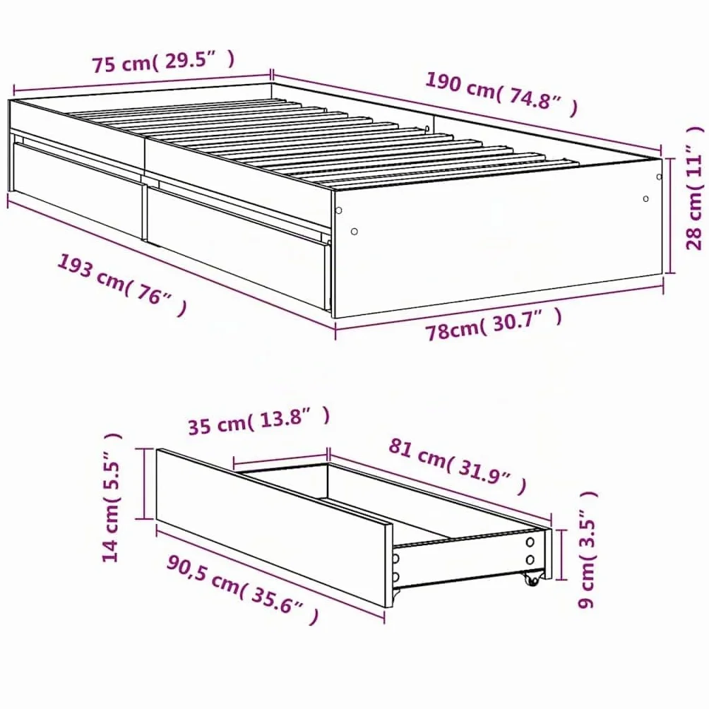 vidaXL Cama con cajones Madera de ingeniería Blanca 75x190 cm, Cama, Cama con almacenaje, Estructura de Cama Individual, Cama Individual