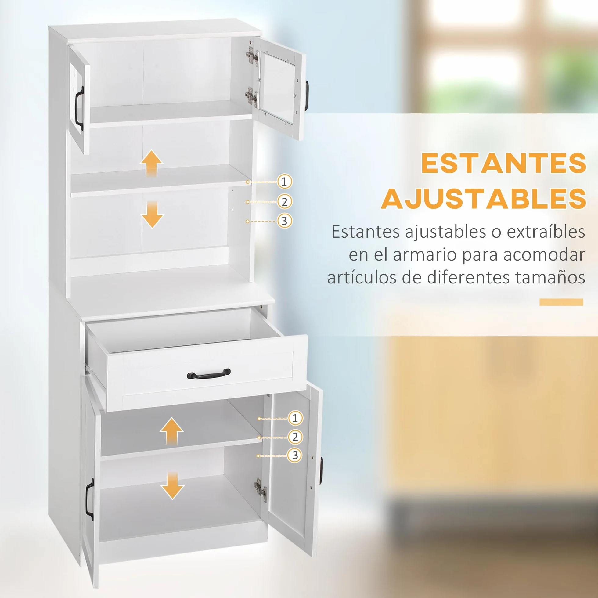 HOMCOM Alacena de Cocina Mueble Buffet de Cocina con 4 Puertas Cajón y Estantes Ajustables para Salón Comedor Estilo Moderno 60x38x161 cm Blanco