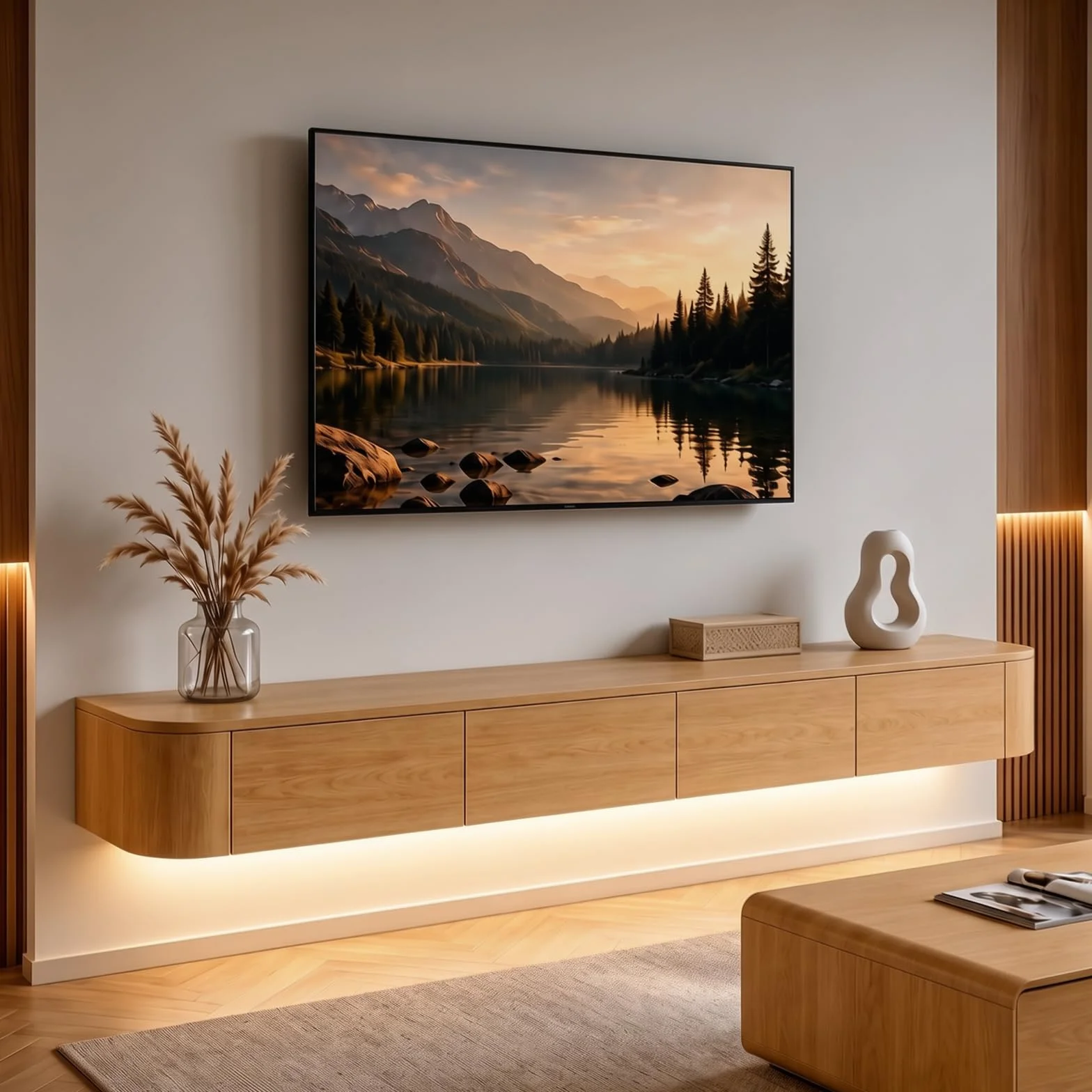 Mueble TV Suspendido Moderna con luz LED | Consola de Medios de Entretenimiento Montada en la Pared | Banco de TV con Gran Capacidad de Almacenamiento para Sala de Estar y Oficina (Madera, 200cm)