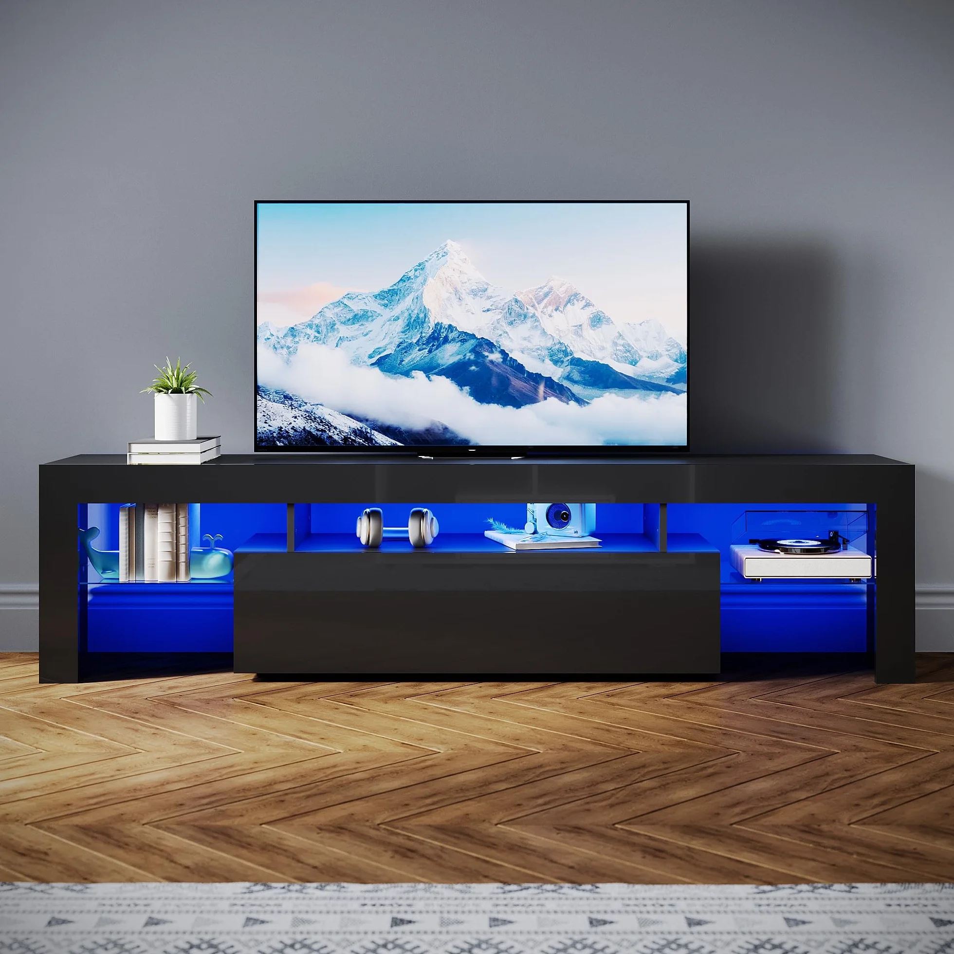 SONNI Mueble TV Negro con Luz LED Ajustable de 12 Colores con Mando a Distancia, Mesa TV Sálon Madera con Estantes Cristal 180 CM