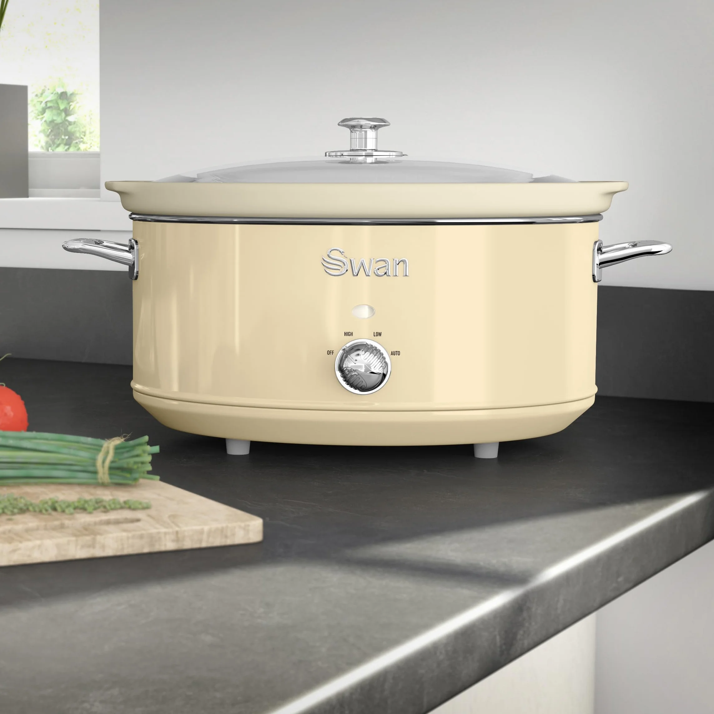 Swan Retro SF17031CN Slow Cooker 6,5L 320W Cerámica Antiadherente Libre PFOA y PTFE 3 Niveles Temperatura Tapa Vidrio Crema