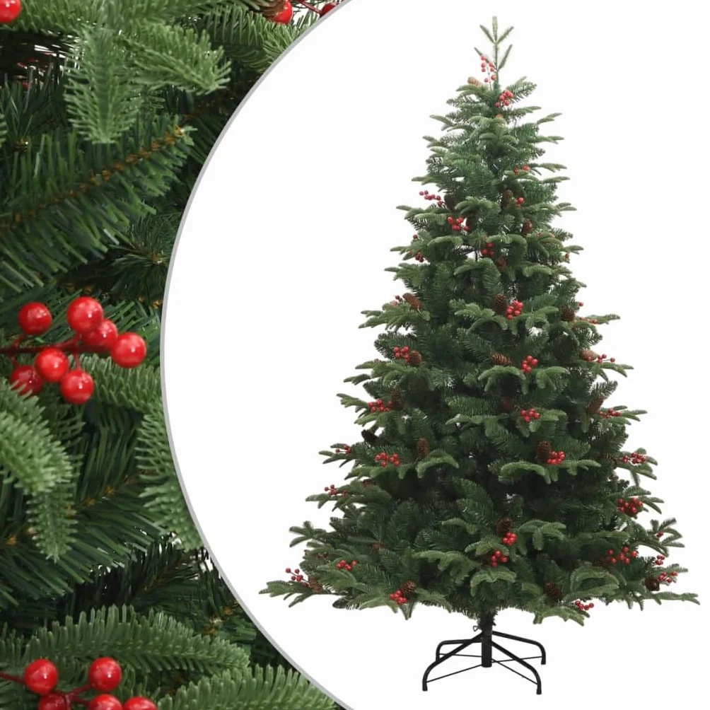 Árbol de Navidad artificial plegable con conos y bayas, 210 cm de color verde, puntas de PE realistas, soporte de hierro estable para uso en interiores y exteriores, reutilizable