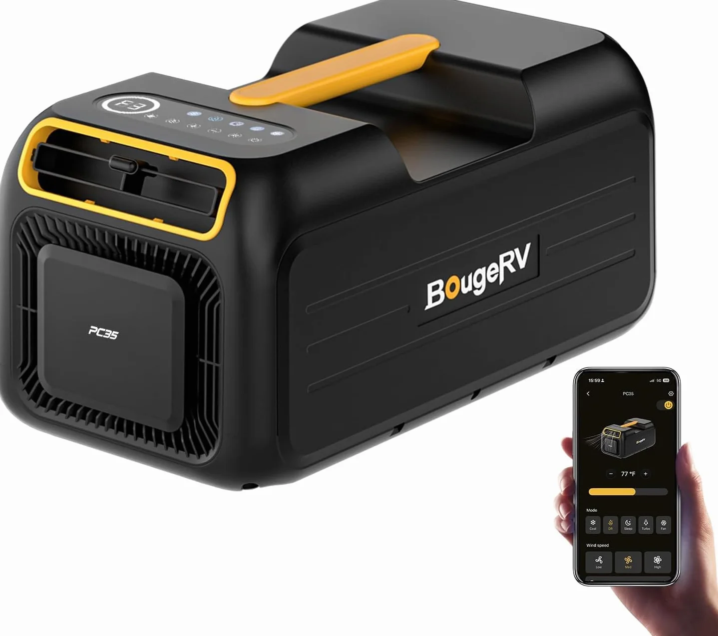 BougeRV PC35 Aire Acondicionado Portátil, 3500 BTU Climatizador, 5 en 1 con App, Compacto, AC 100V-240V, Aire Acondicionado para Camping, Caravana, Tienda, Camión, Furgoneta