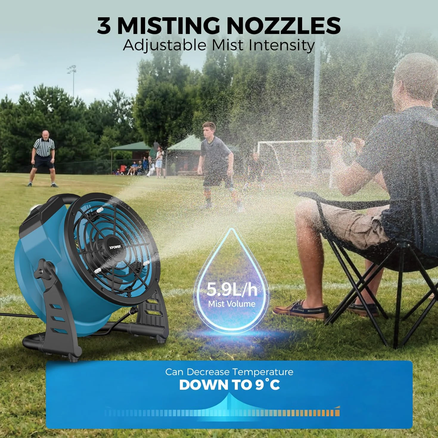 XPower Ventilador de nebulización para exteriores, oscilante, resistente, potente de alta velocidad, ideal para camping, patios, picnics y más (FM-65)