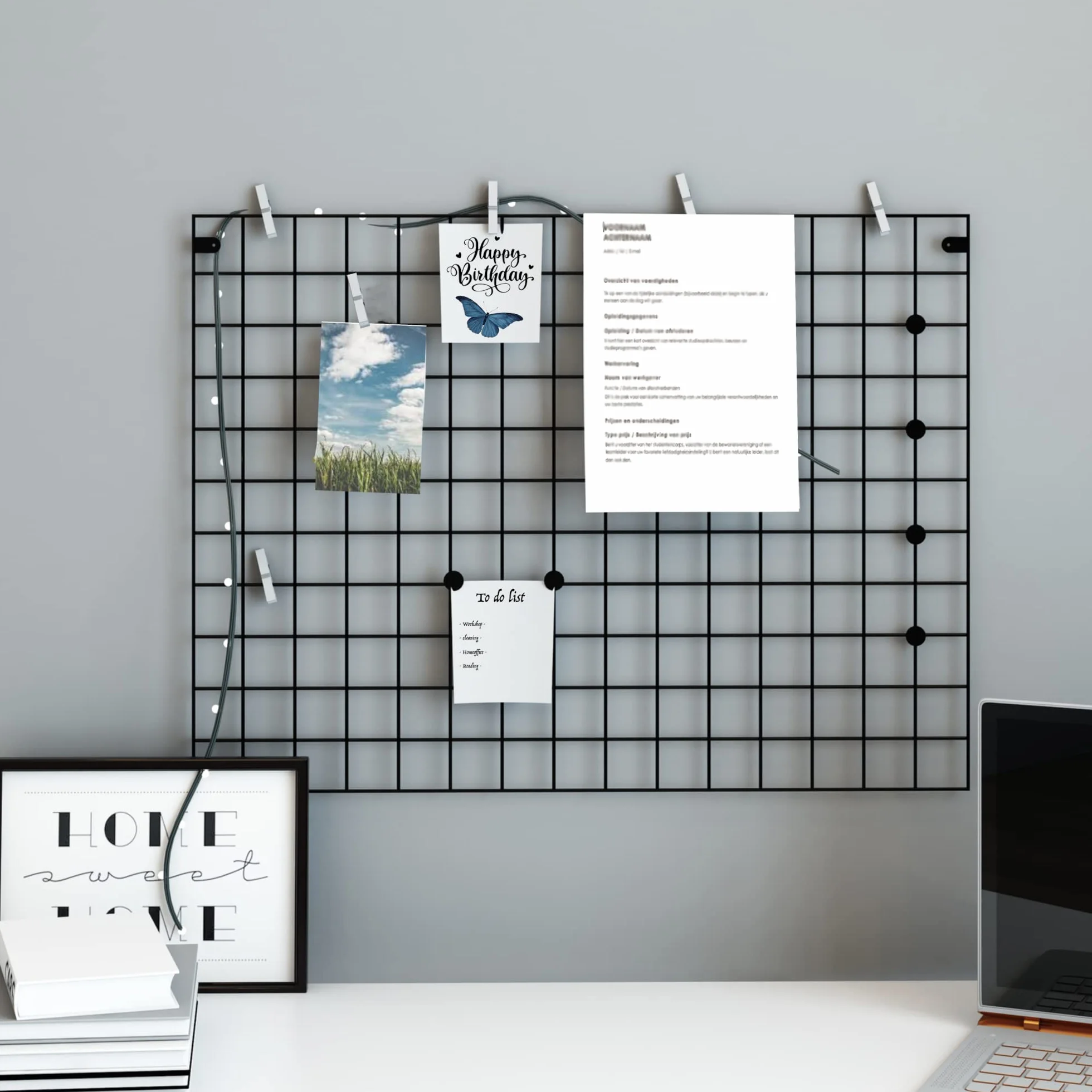[en.casa] Panel de Rejilla para Notas Listas de Tareas Pared de Fotos Mural Tablero de Anuncios Multifuncional Metal 75 x 55 cm Negro