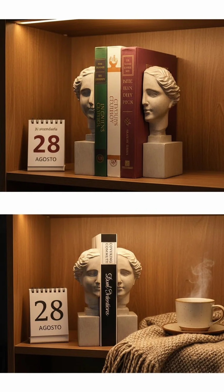Set 2 Sujetalibros Decorativo Busto Griego Romano Cabeza Mujer Resina Blanco Roto Elegante 21 cm