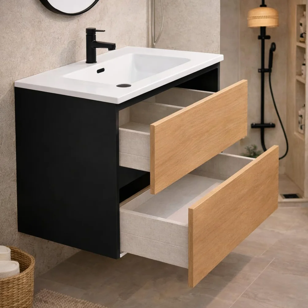 Baikal Mueble de Baño Lia. Mueble MONTADO. 2 Cajones Suspendido con Lavabo Ceramico. Armario de Baño. Cierre Amortiguado. Altura 64cm. 90cm. Negro - Nature