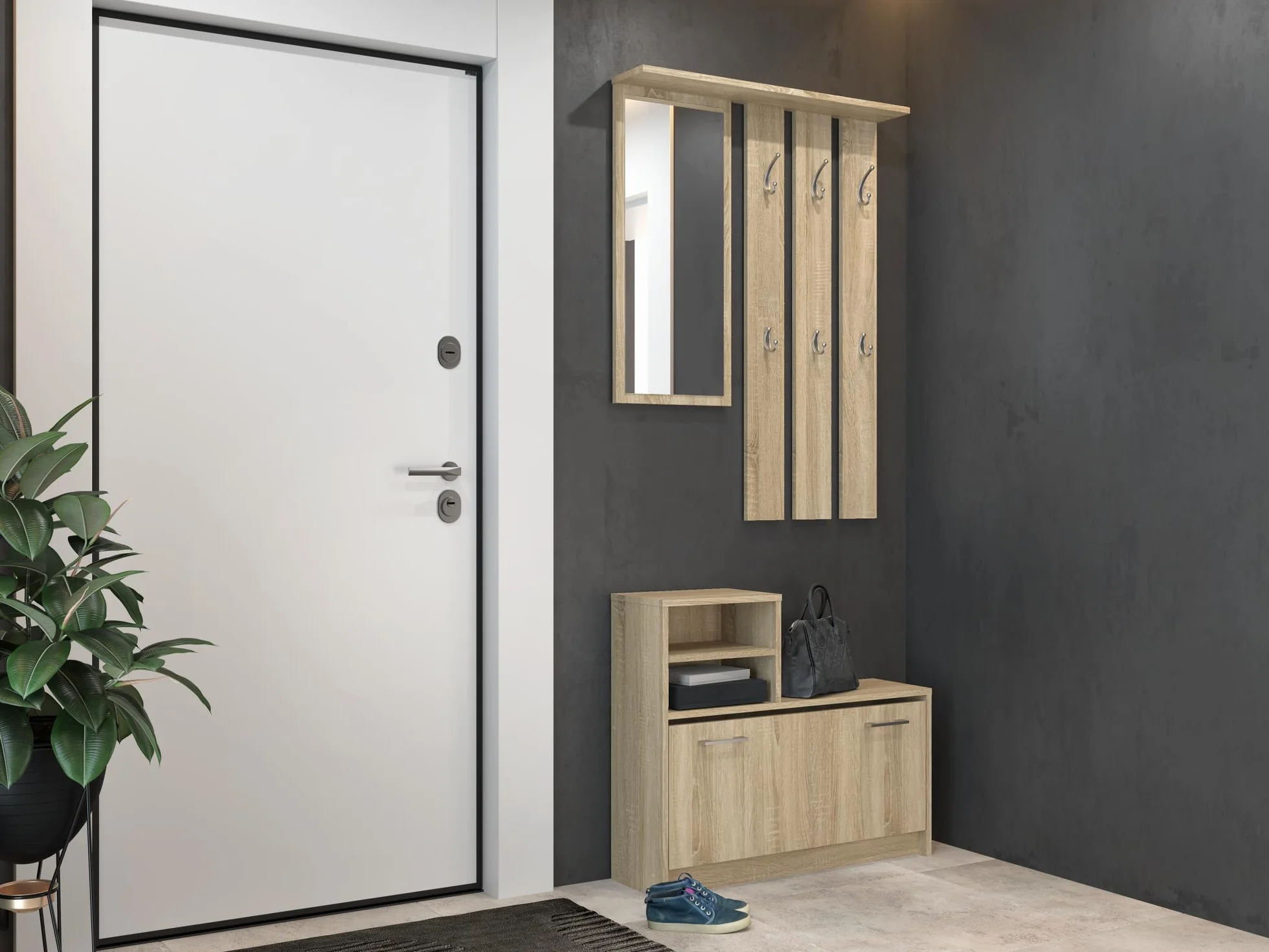 Oggi Armario de Entrada con Espejo 85x160x24 cm Perchas Zapatero Armario de Tablero Laminado de 16 mm Diseño Moderno Minimalista Moderno Roble Sonoma