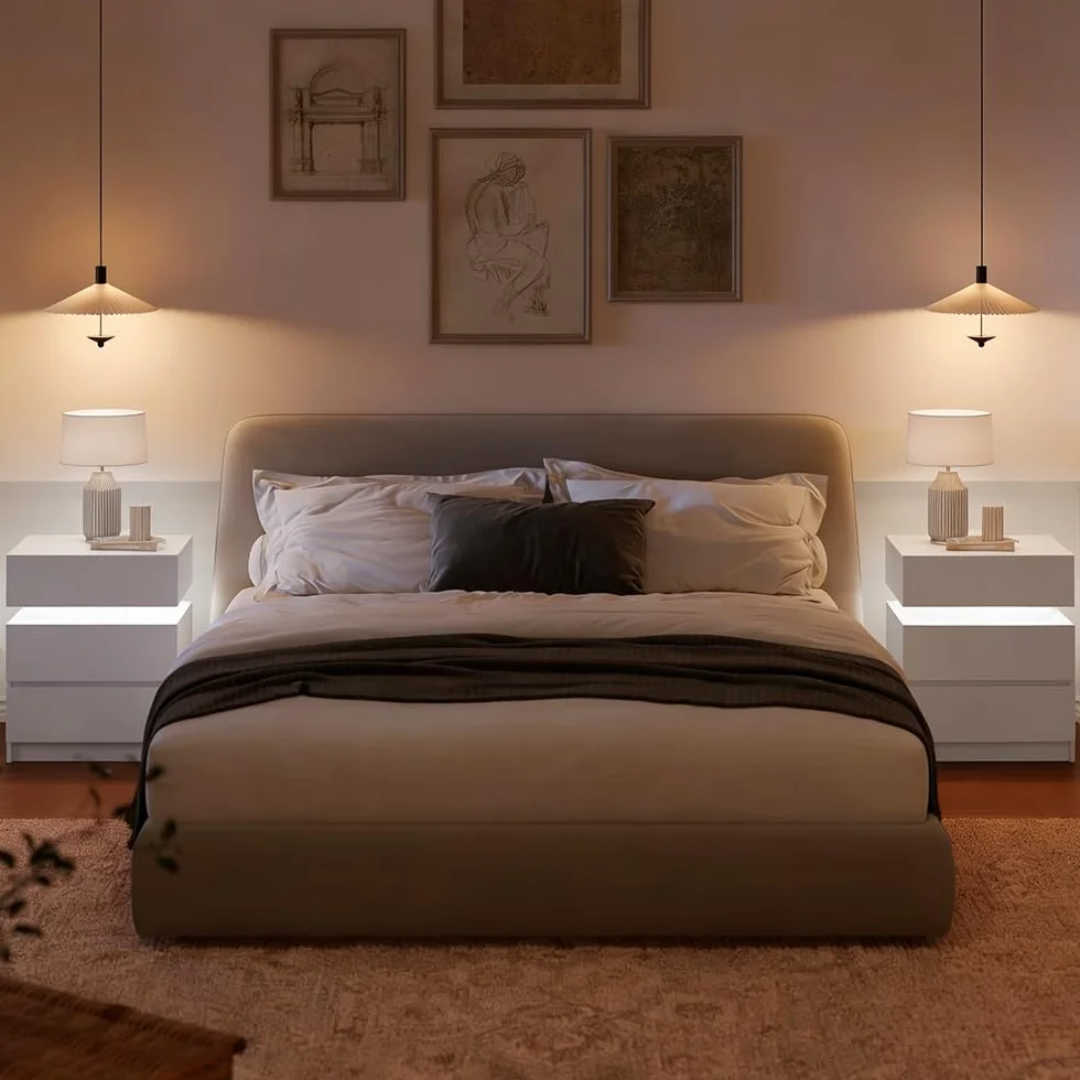 Marctani Mesillas de Noche LED Modernas - Mesita de Noche Blanca con 16 Colores de Luz, 2 Cajones + 1 Cajon Oculto - Mesa de Noche Dormitorio Estrecha con Guardamovil Mesitas de Noche