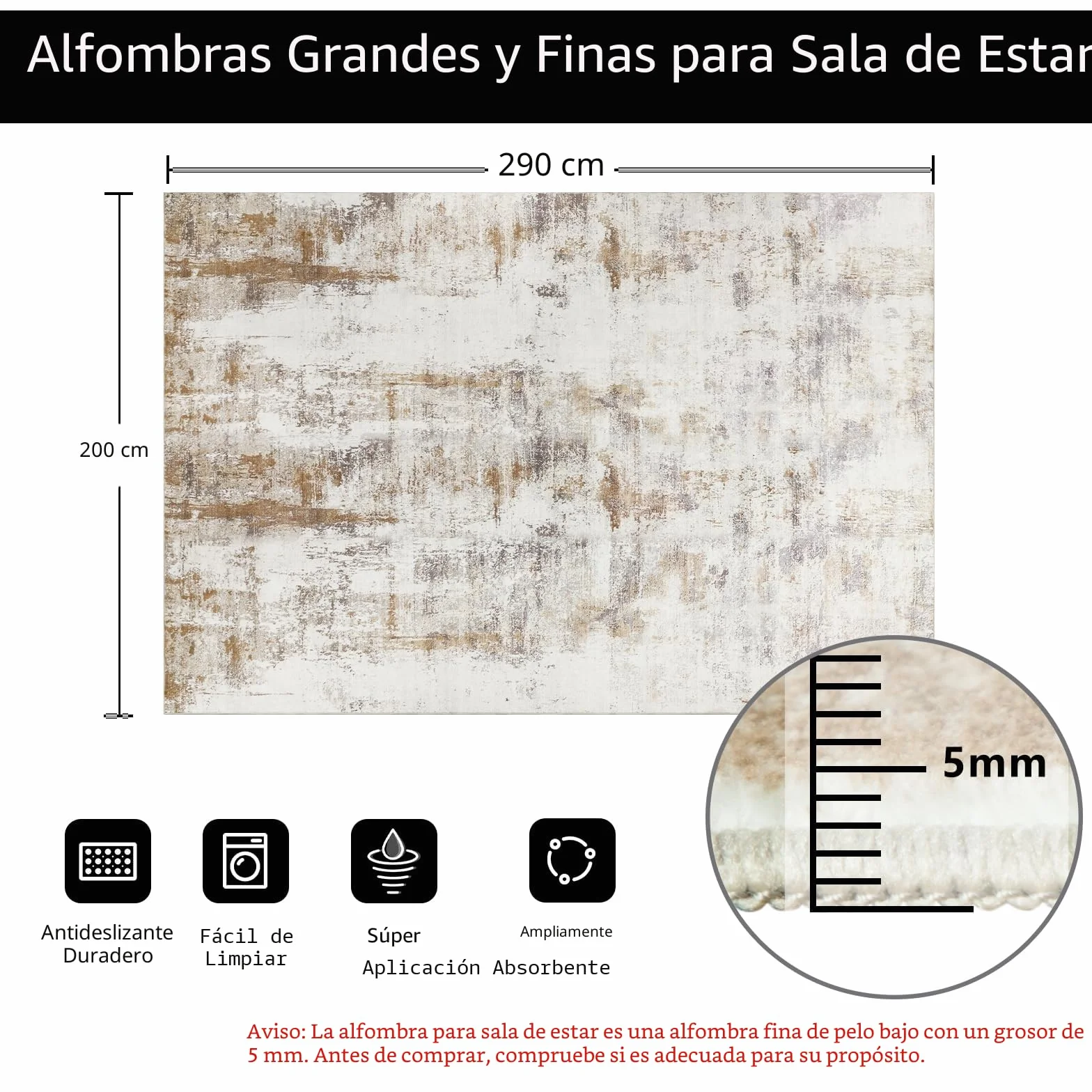 Famibay Alfombra Lavable 200x290cm Beige Marrón Antideslizante Salón Dormitorio Comedor
