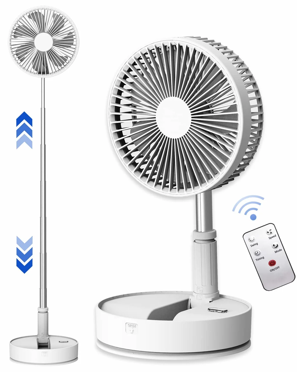 UNITEDTIME Ventilador portátil plegable recargable [Control remoto] Batería operada Foldaway de pie pedestal ventiladores oscilantes, temporizador para acampar viajes, dormitorio, plegable (blanco)