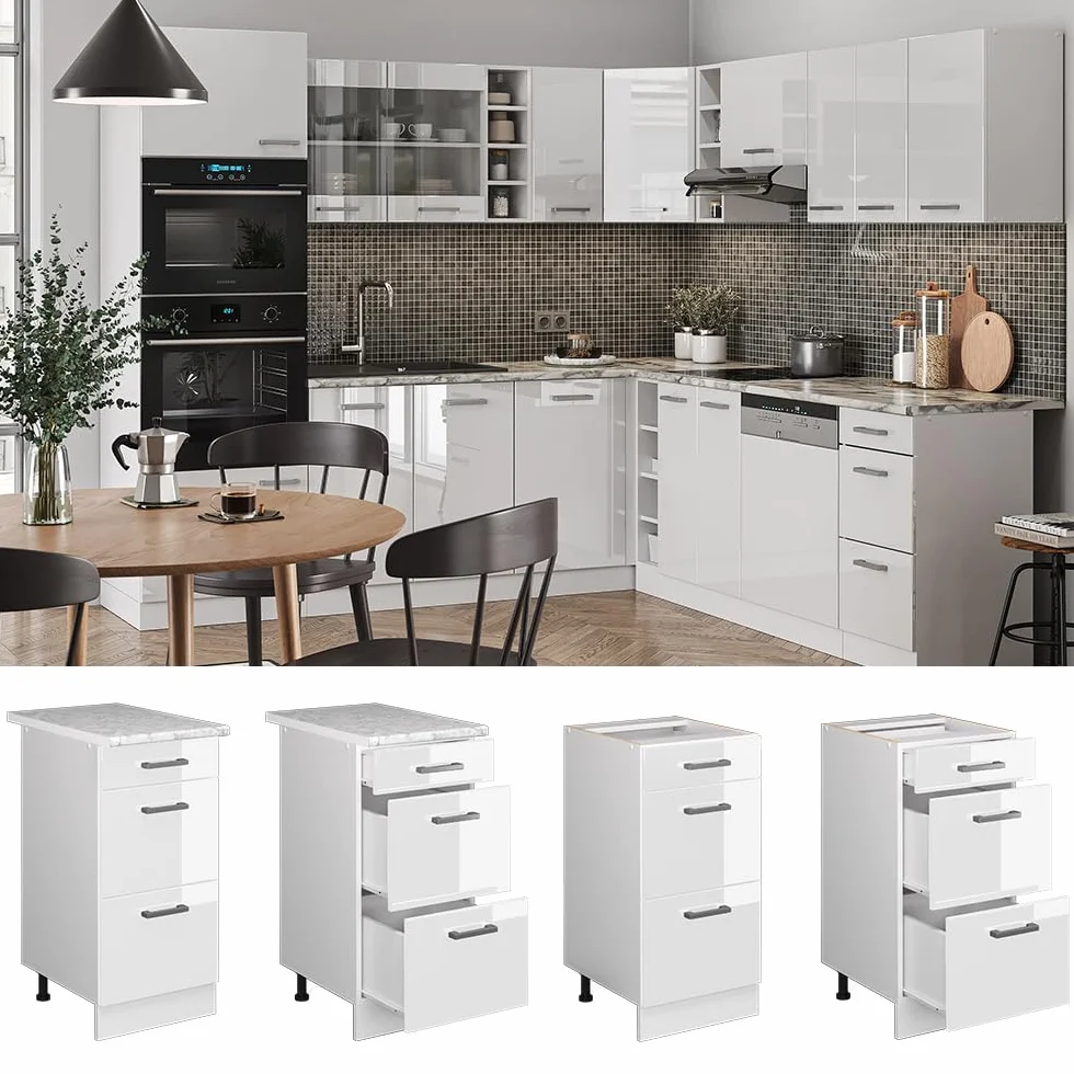 Vicco Mueble bajo de Cocina R-Line, Blanco Alto Brillo, 40 cm con cajones, sin encimera, para combinación Libre Dentro de Sistemas de Cocina modulares