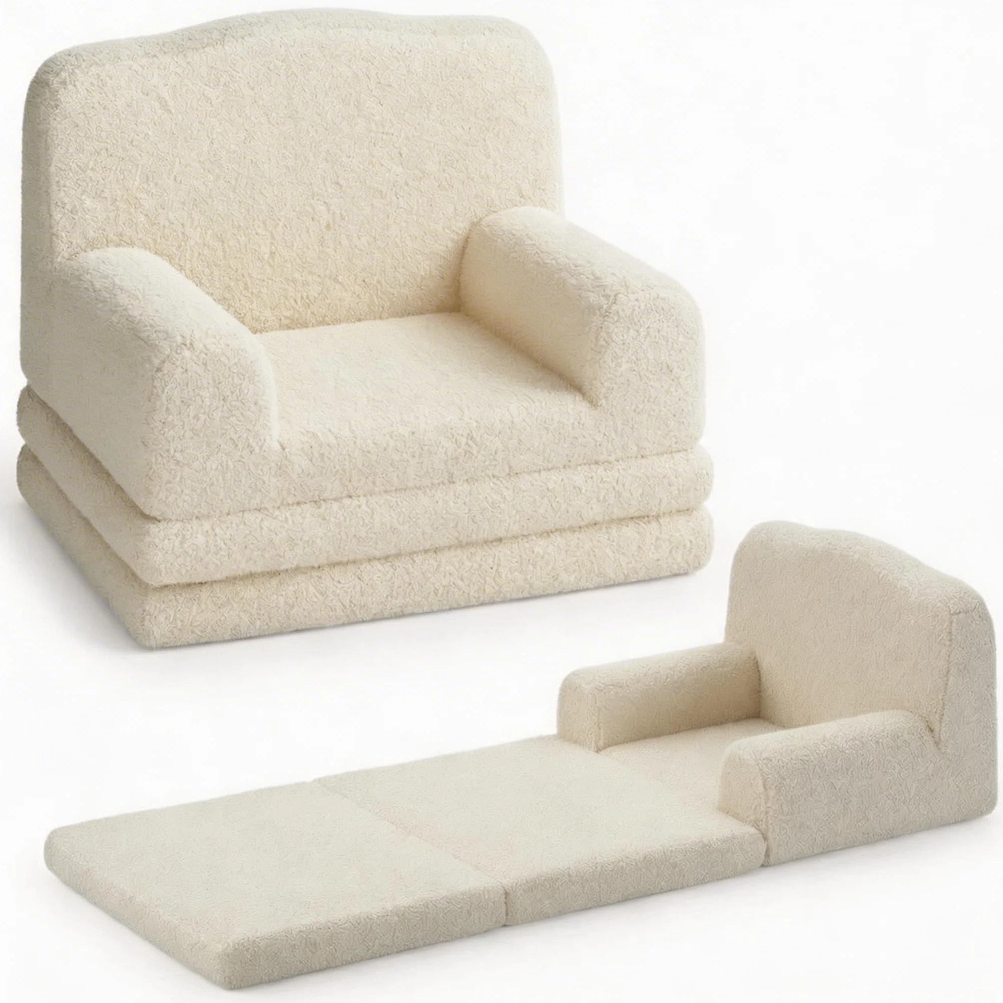 Garvee Sillón Convertible Infantil Diseño Corona – Cama Plegable 2 en 1 para Niños de 2 a 6 Años – Butaca Transformativa con Funda Lavable de Peluche Sherpa para Dormitorio, Sala de Juegos (Blanco)