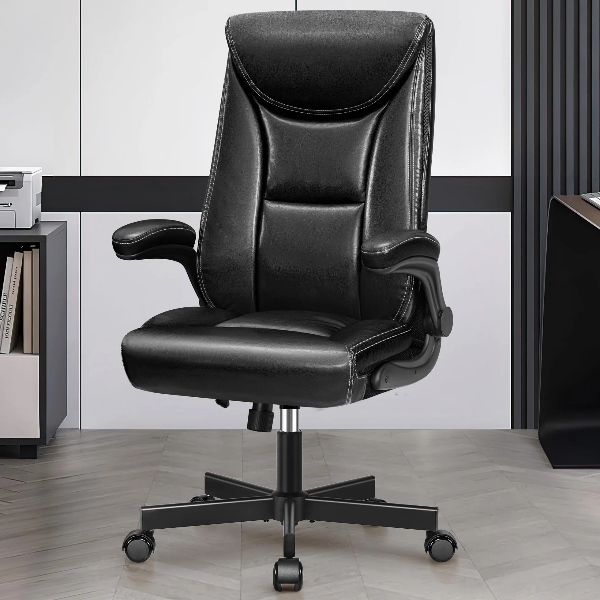 Silla Escritorio Ejecutiva Ergonómica, Silla Oficina Cuero PU Respaldo Alto 150KG Sillas de Escritorio con Función Balancín Silla Tocador Regulable en Altura, Negro Brillante