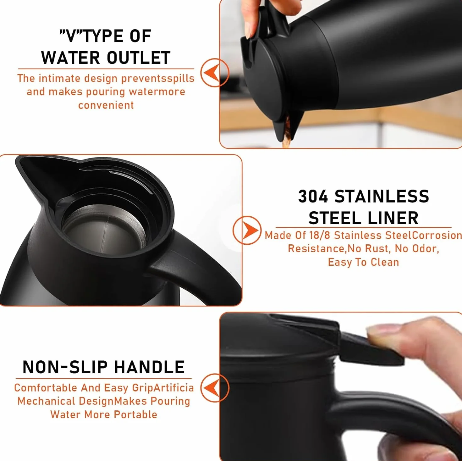 2 jarras térmicas de café de 2 litros aisladas de acero inoxidable para líquidos calientes, dispensador de crema térmica al vacío con cepillos que mantienen el calor 12 horas (negro)