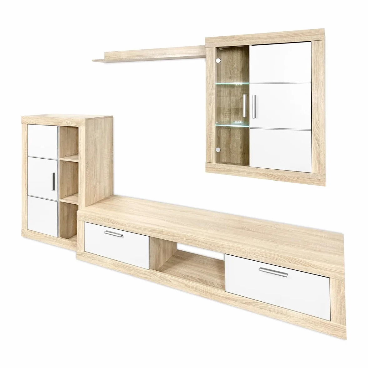 mattfy - Mueble de Salón Moderno con Leds, Módulos de Comedor, Modelo Gitta, Acabado en Blanco y Cambria, Medidas: 259 cm (Ancho) x 132,5 cm (Alto) 40 cm (Fondo)