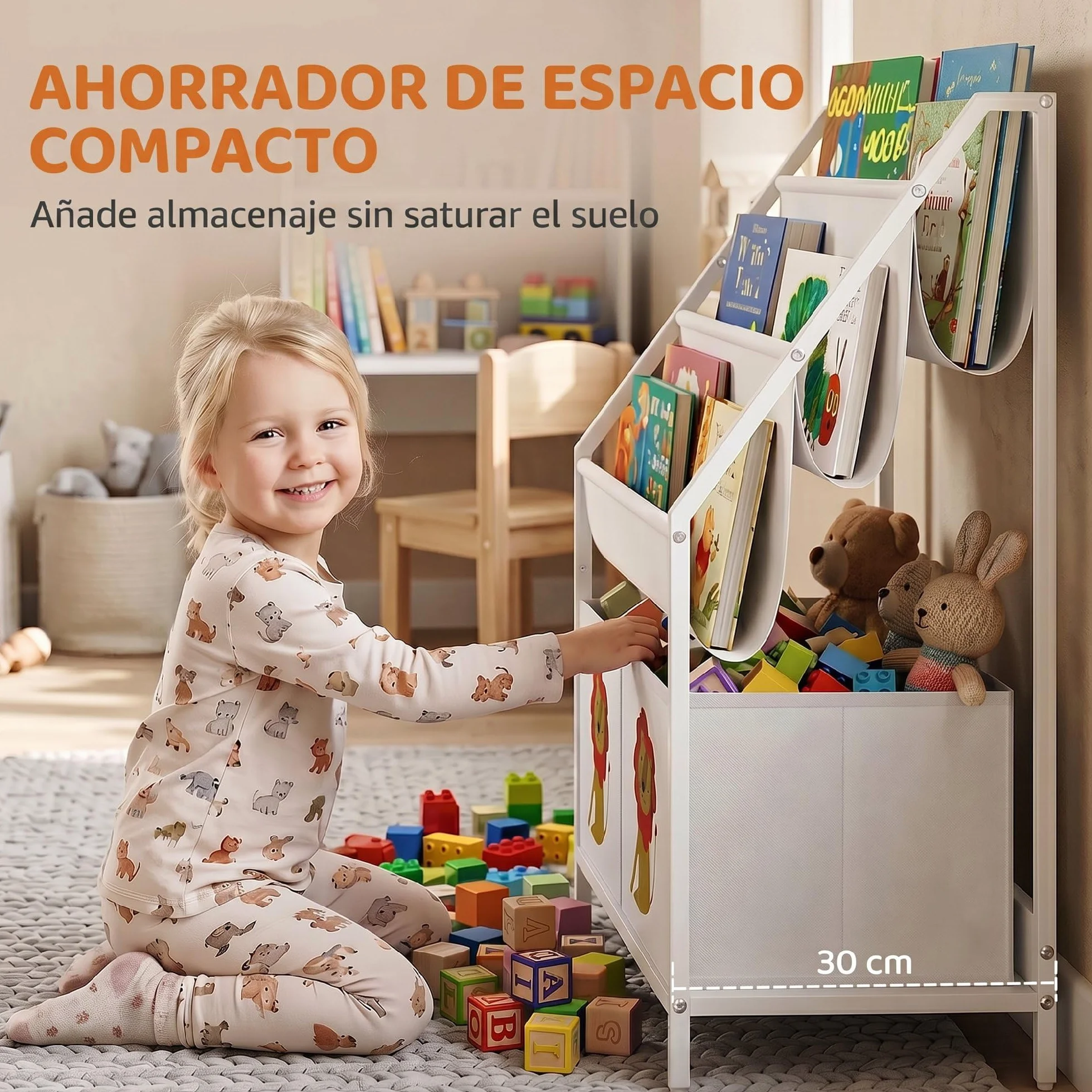 AIYAPLAY Librería Infantil de 4 Niveles Montessori Niños 76 cm Blanco | Estantería para Libros, 3 Estantes, 2 Cajones de Tela, Diseño de León, Sala de Juegos, Dormitorio, Guardería