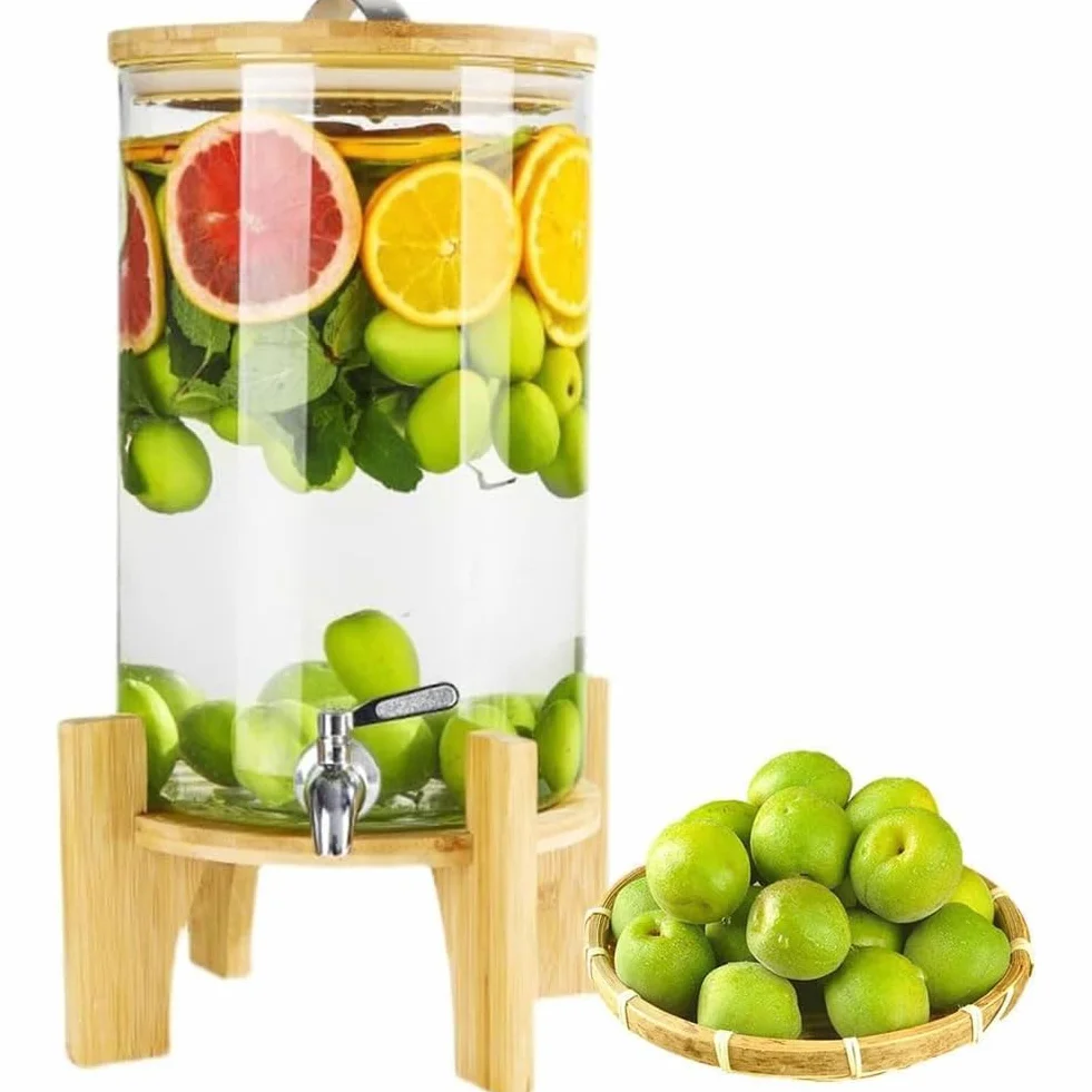 Dispensador de bebidas de vidrio con espiga y soporte de madera, dispensador de bebidas frías de 2,5 L para fiestas, eventos y uso diario, perfecto para servir bebidas refrescantes