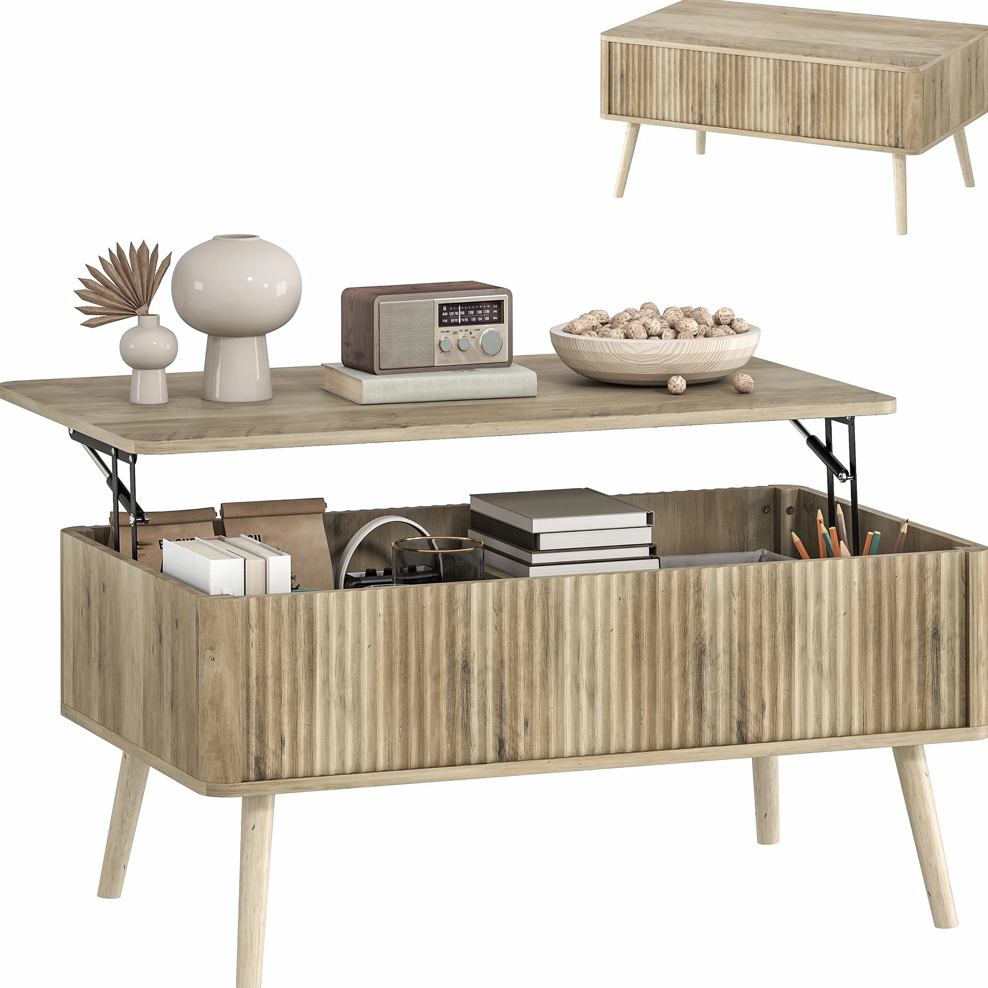 HOMCOM Mesa de Centro Elevable, Mesa de Café para Salón, Comedor, con Compartimentos Ocultos de Almacenaje y Patas de Pino, 91x56-80,5x43-57,5 cm, Roble