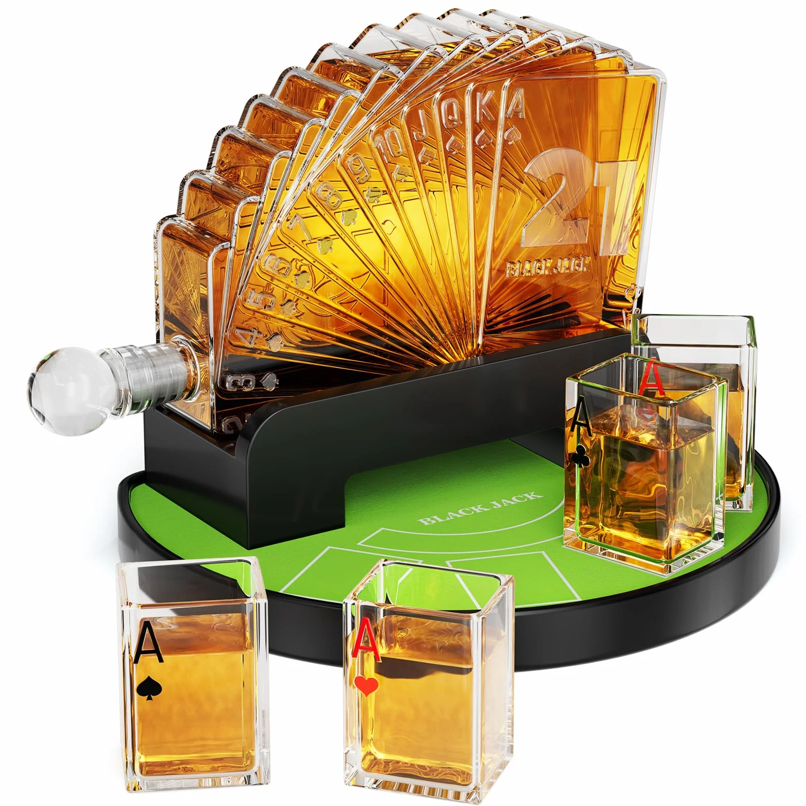 Kollea Juego de decantador de whisky Blackjack, decantador estilo casino de 38 onzas con 4 vasos, dispensador de licor, divertidos regalos de cumpleaños para hombres, papá, él, novio, artículos