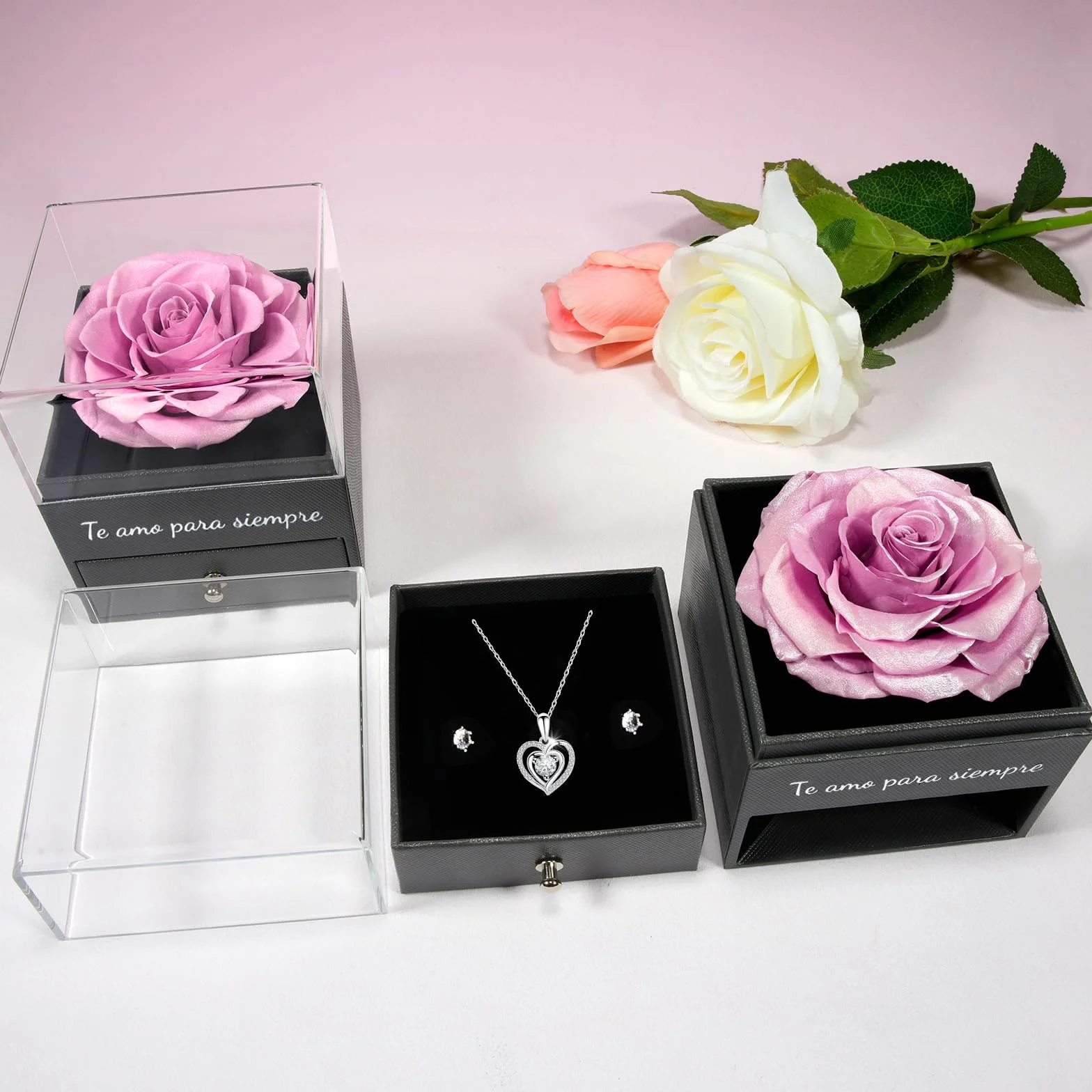 Miofula Flores Preservadas Caja de Regalo con Collar y Aretes para Mujer