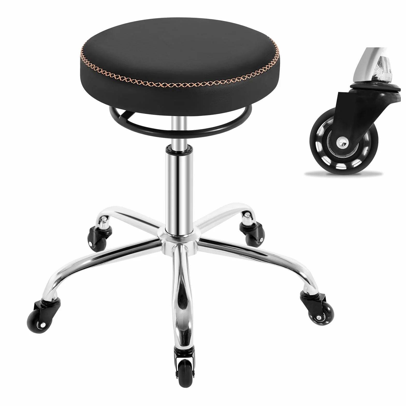 WOLTU Taburete con Ruedas, Taburete Oficina de PU, Negro | Silla de Trabajo, Altura Ajustable, Silla Giratoria para Masajes, Oficina, Clínica y Laboratorio