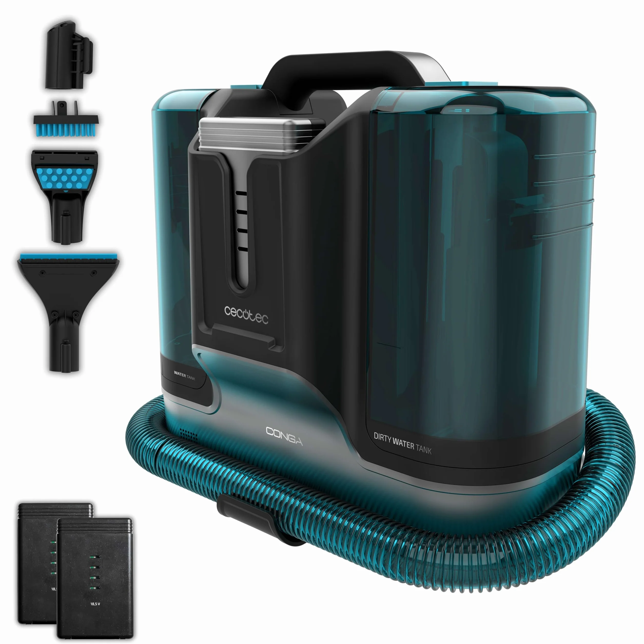 Cecotec Limpiador Aspirador de Tapicerías y Alfombras sin Cable Conga Carpet&Spot Clean Infinity. 150W, 2 Baterías Intercambiables, Autonomía 60Mins, Pulverizador de Agua y Accesorio Limpia Ventanas