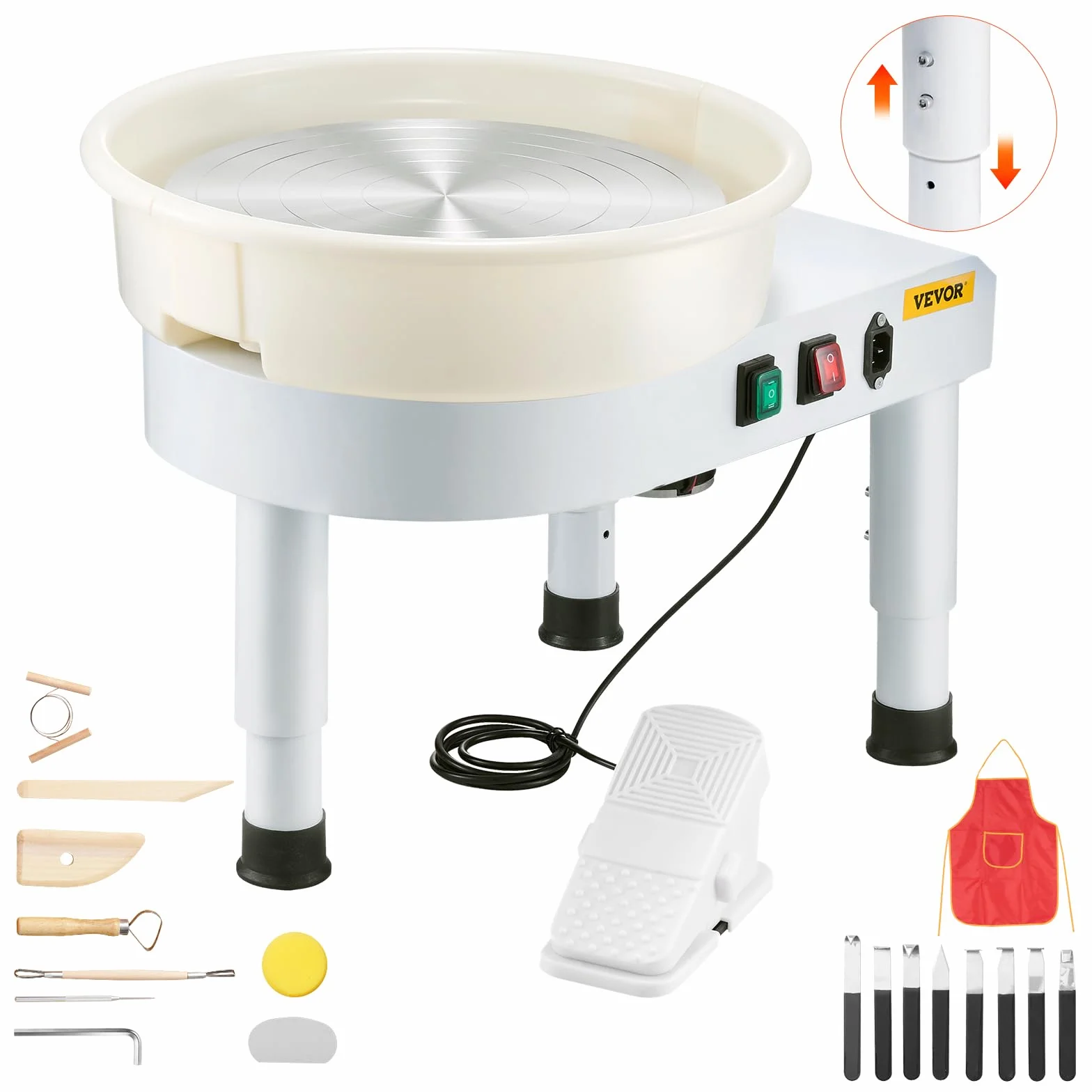 VEVOR Torno de Cerámica de 35 cm, Máquina Formadora de Ruedas de Cerámica con Pedal Ajustable de 60 a 300 RPM, Pata de Elevación Ajustable, Cuenco Desmontable para Manualidades, Bricolaje, Blanco