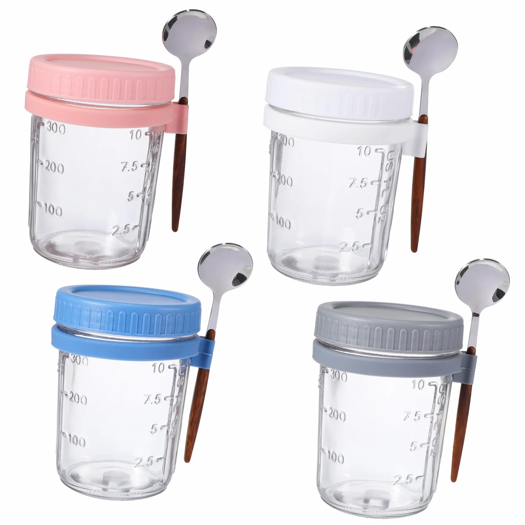 Frascos de Vidrio 400ml con Tapa y Cuchara, Juego de 4 | Boca Grande, Marcas de Medición Visibles, Silicona Cierre, Uso en Cocina y Oficina
