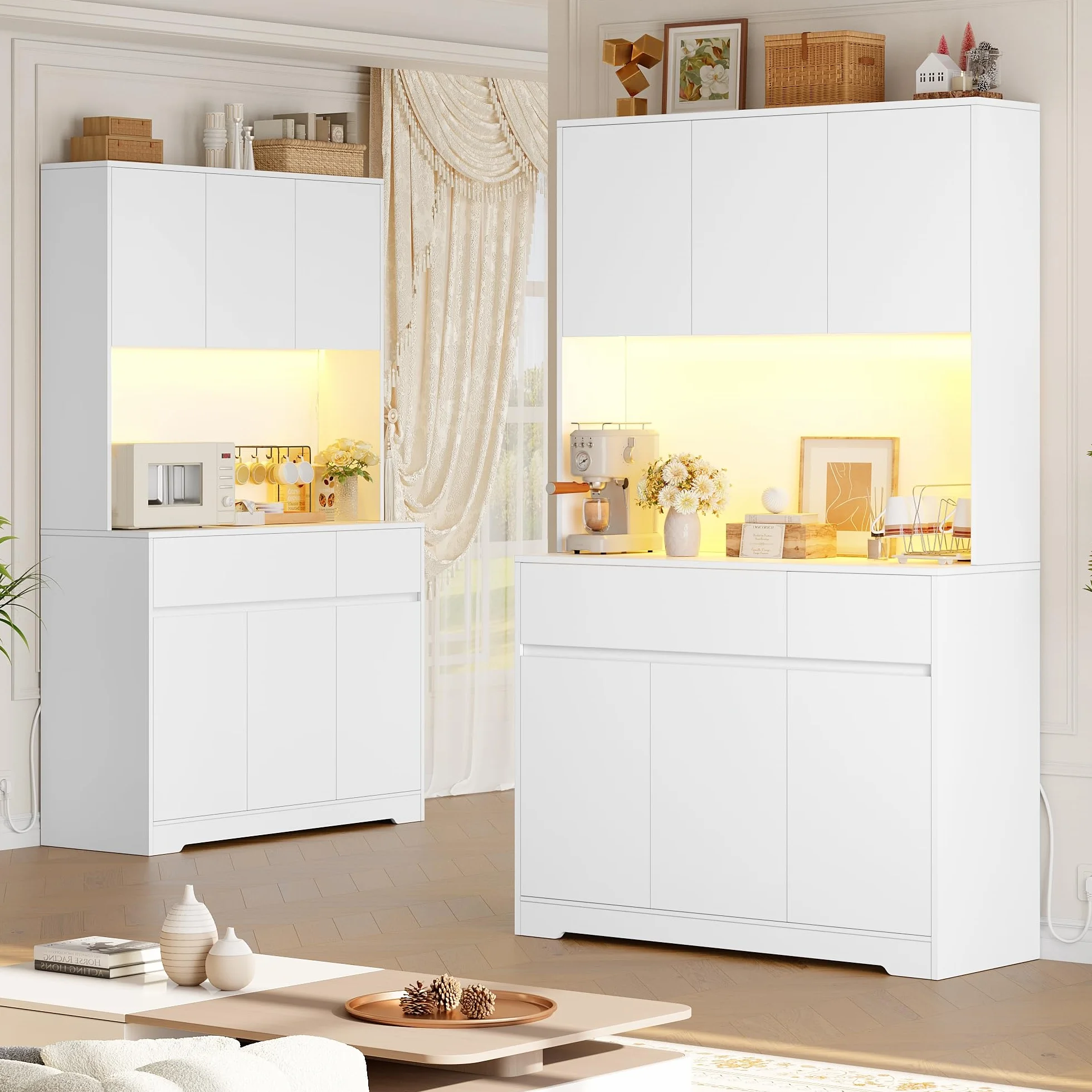 FirFurd Alacena Cocina Grande, Muebles de Cocina, Armario Cocinas Almacenaje, Mueble Almacenaje con Iluminacion LED, Regleta, Encimera para Microondas, 2 Cajones, 6 Puertas, Blanco 100x38.5x180cm