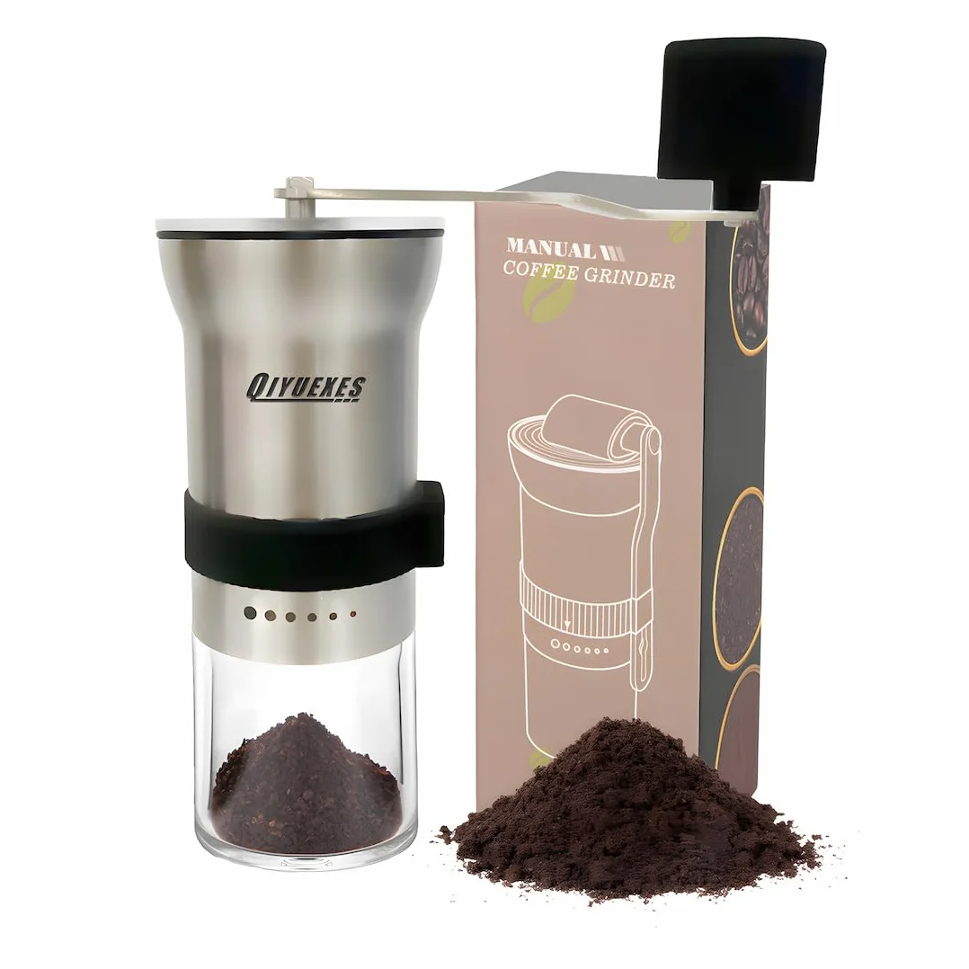Molinillo de café manual, manivela portátil de acero inoxidable, 6 ajustes de grosor, molinillo de café con rebabas de cerámica, perfecto para familias, camping