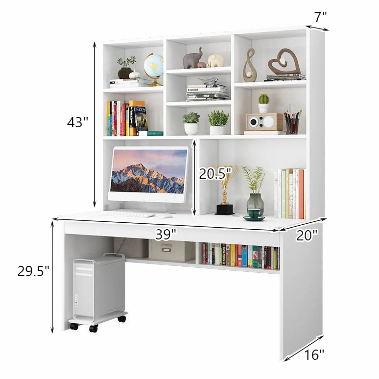 Escritorio compacto blanco para computadora con estantería y mesa de escritura de madera para espacios pequeños, ideal para estudio y estación de trabajo para adolescentes y estudiantes, artículos
