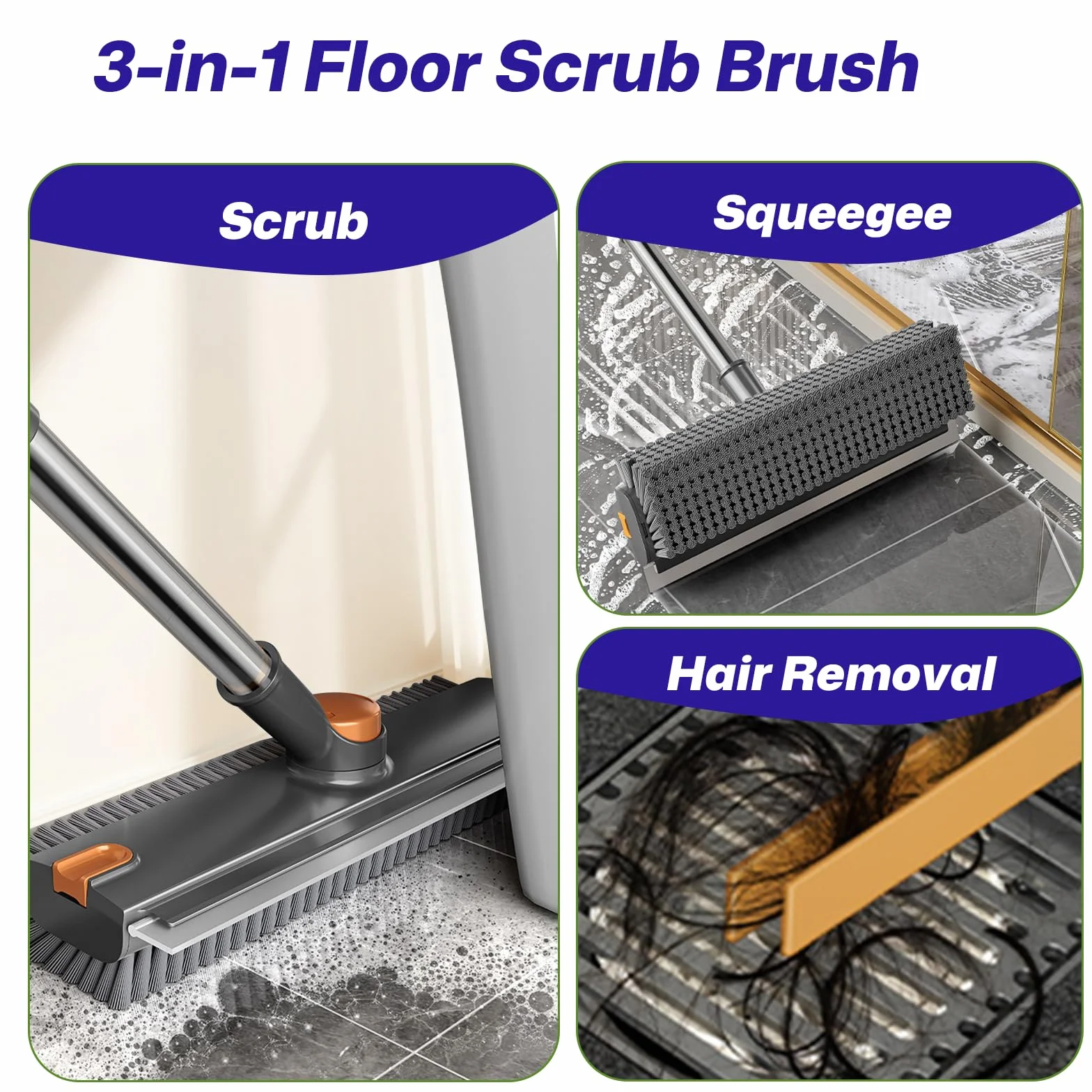 Cepillo de limpieza 3 en 1 con mango largo, raspa y cerdas rígidas de alta resistencia con escobilla y pinzas para limpiar azulejos, cocina, pared, cubierta, baño, patio, garaje