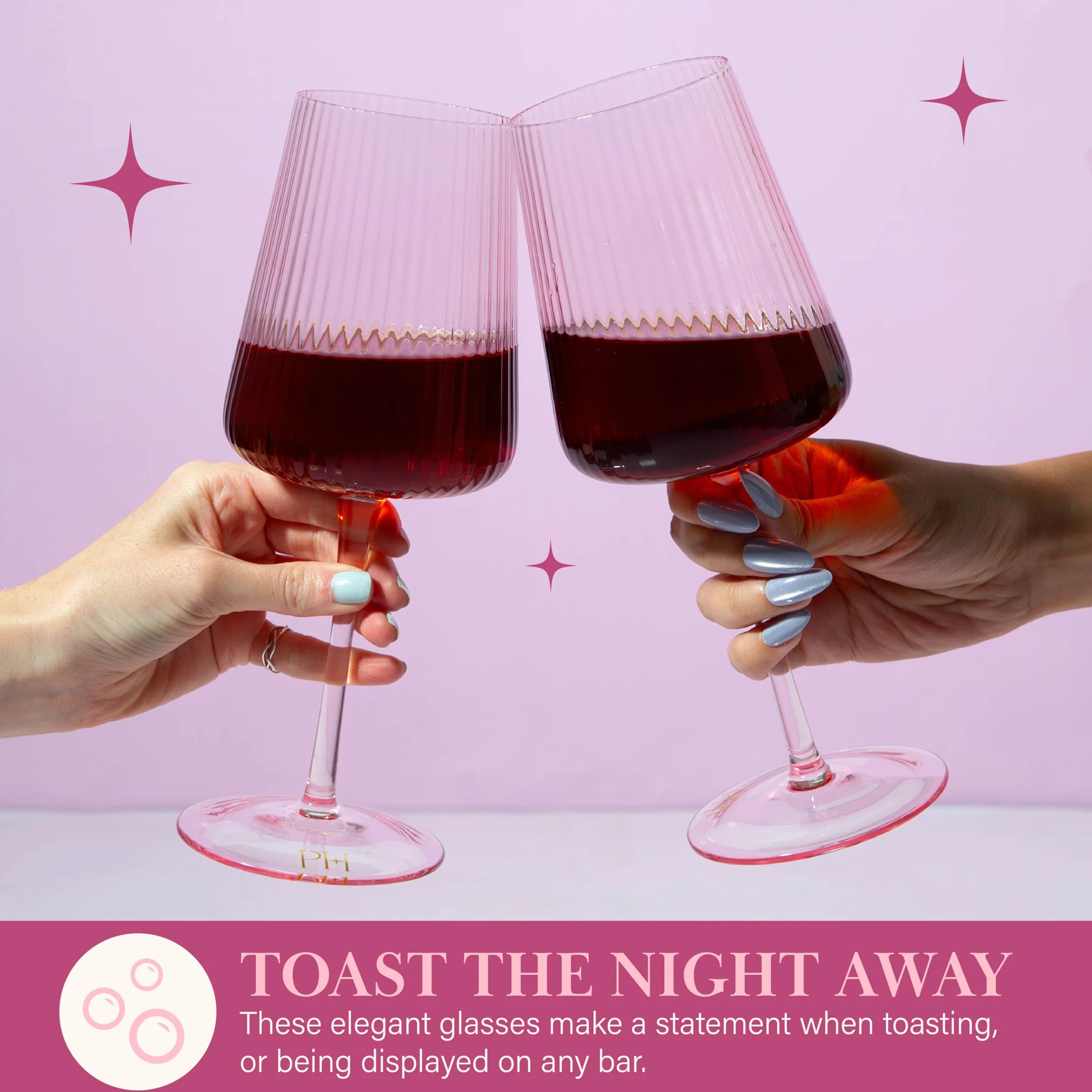 Paris Hilton Juego de copas de vino acanaladas, elegante cristalería estriada, perfecta para vino tinto o vino blanco, juego de 2, 18 onzas, rosa