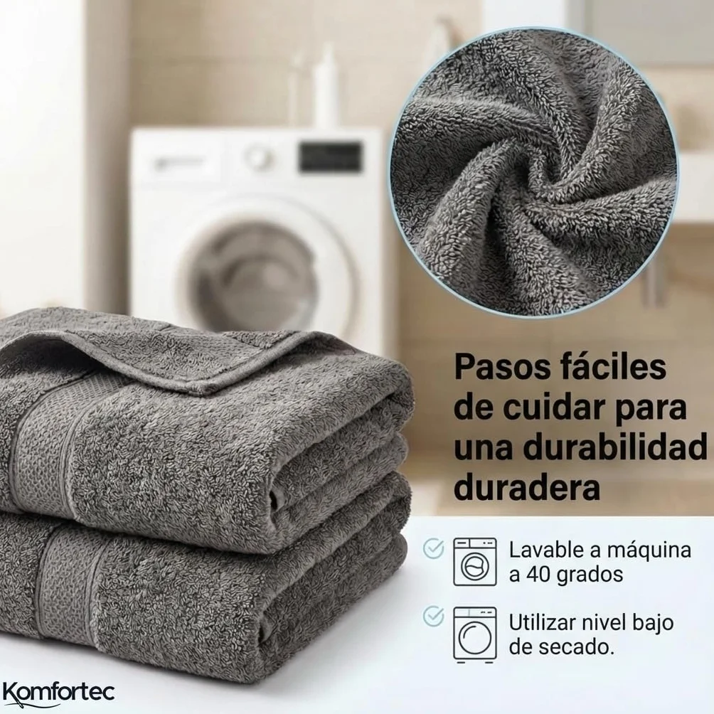 Komfortec Juego de Toallas 8 Piezas | 4 Toallas de Baño 70x140 cm y 4 Toallas 50x100 cm, 100% Algodón, Suaves y Absorbentes, OEKO-TEX, Antracita