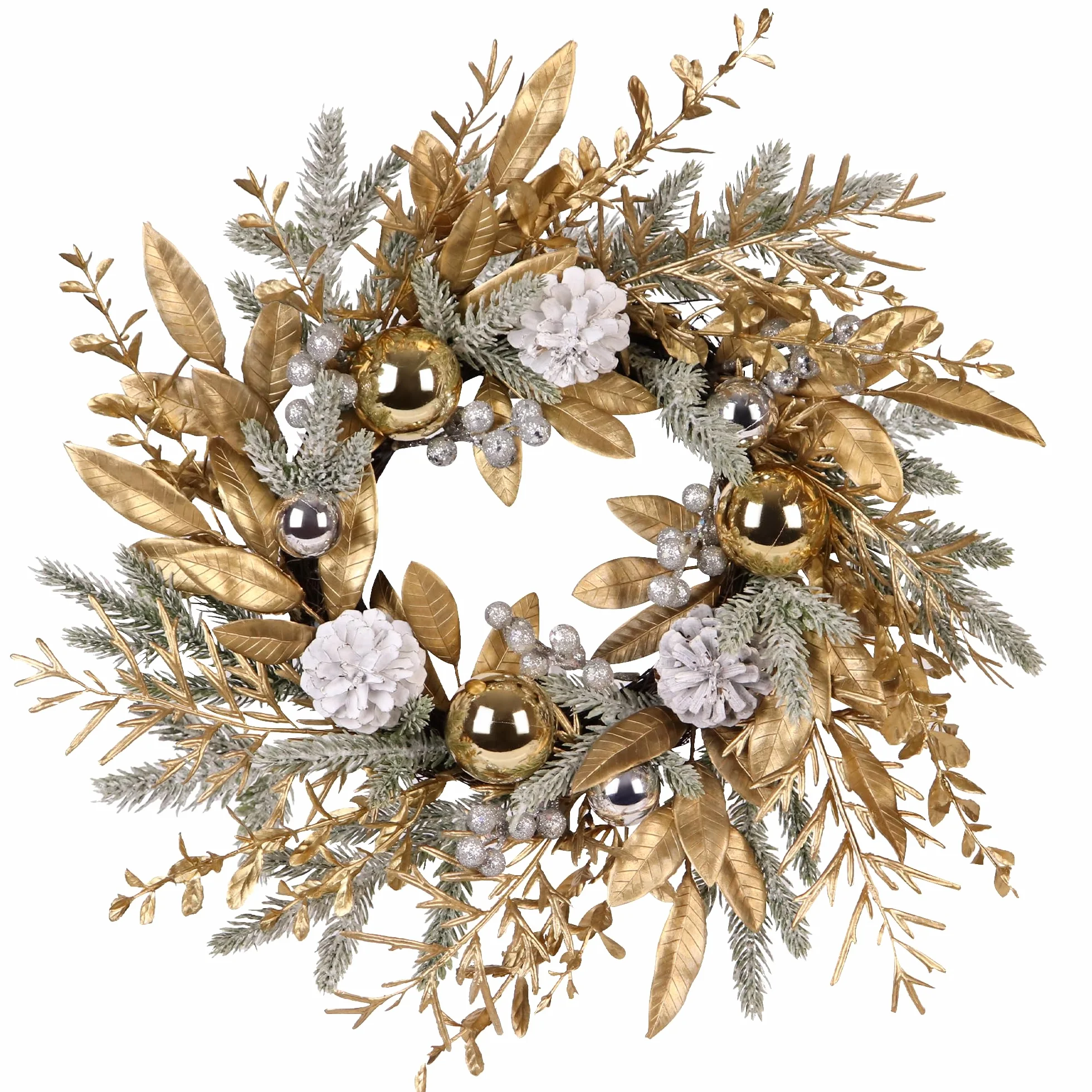 Zavothy Corona de Navidad de 50 cm, Corona de Puerta Artificial de Navidad con Piñas y Bolas de Navidad, Corona de Adviento, Decoración de Navidad, Dorado