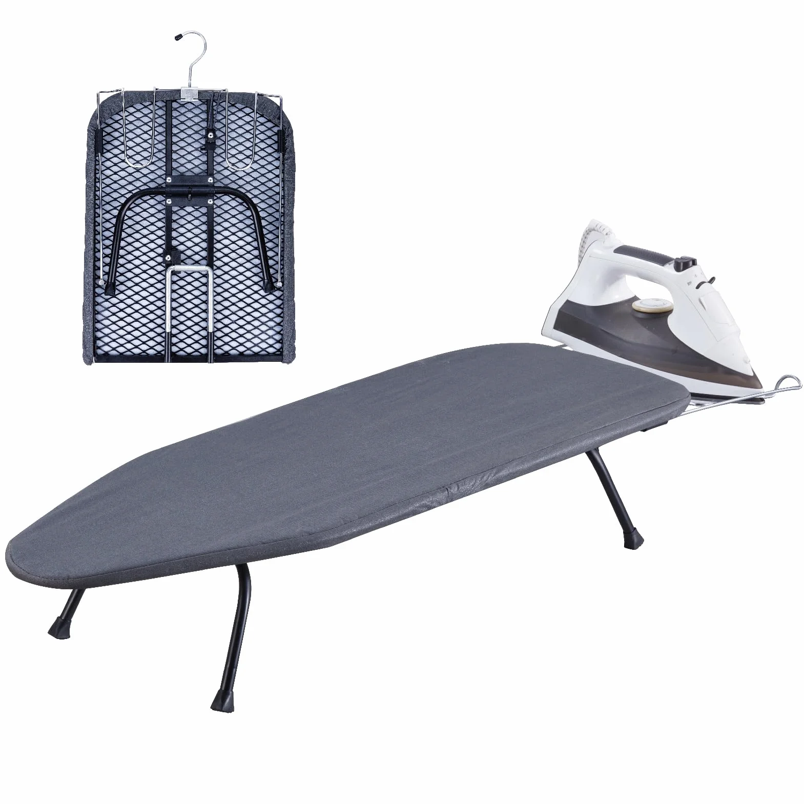 OMUACHIAP - Tabla de planchar plegable con bandeja de hierro, pequeña y compacta para apartamentos, espacios reducidos y viajes, 31.8 x 12 pulgadas, color negro
