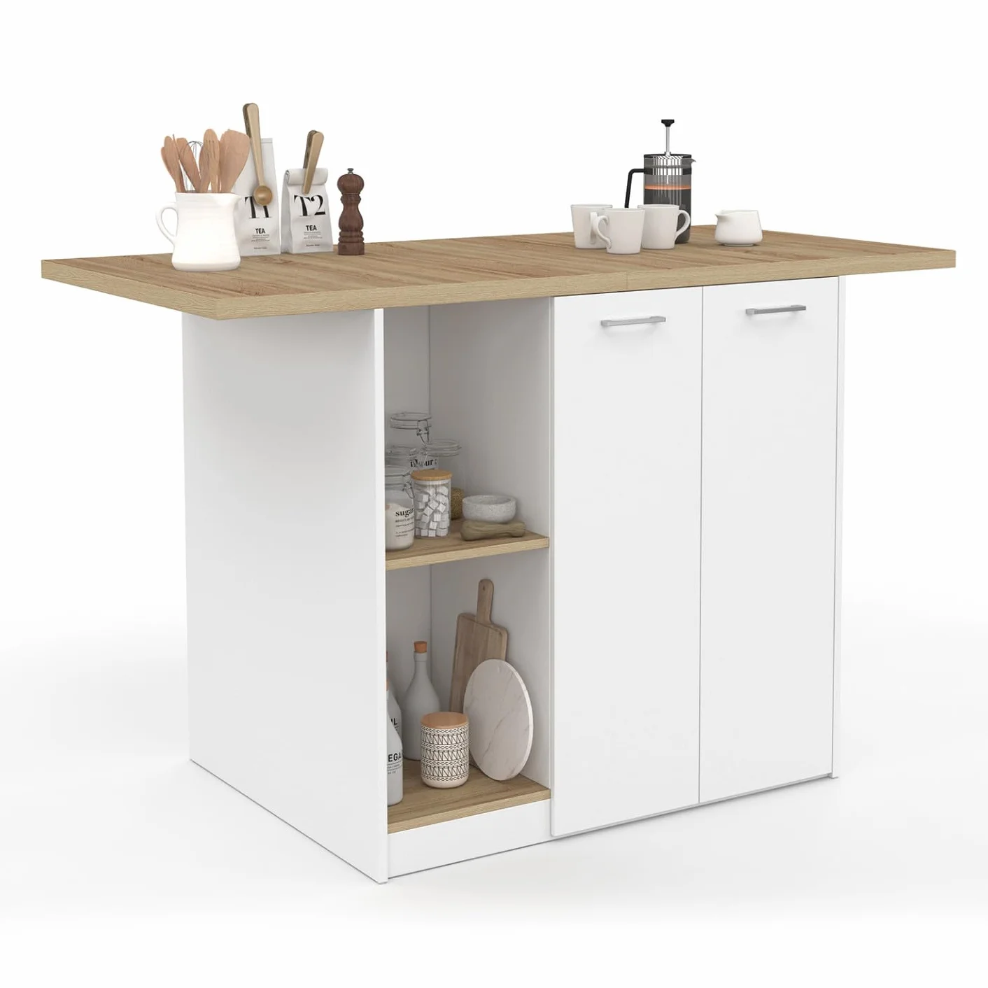 IDMarket – Ilot Central BAO 140 cm 4 personas madera blanca con superficie de trabajo en forma de haya