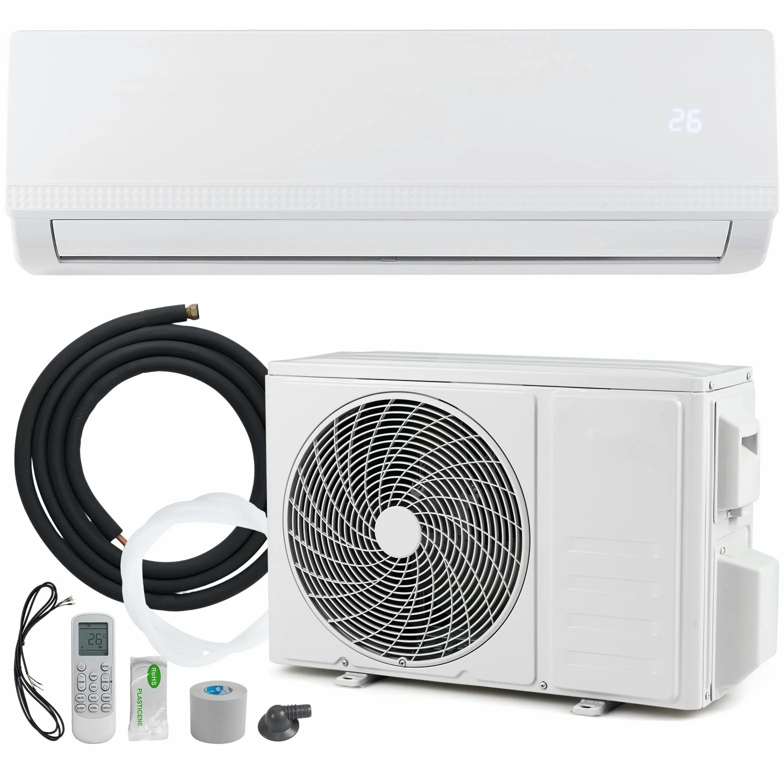 LIFEZEAL - Aire acondicionado dividido inversor reversible, aire acondicionado silencioso con tubos de cobre, A++, R32, funciones calefacción, refrigeración y deshumidificación, para sala de estar