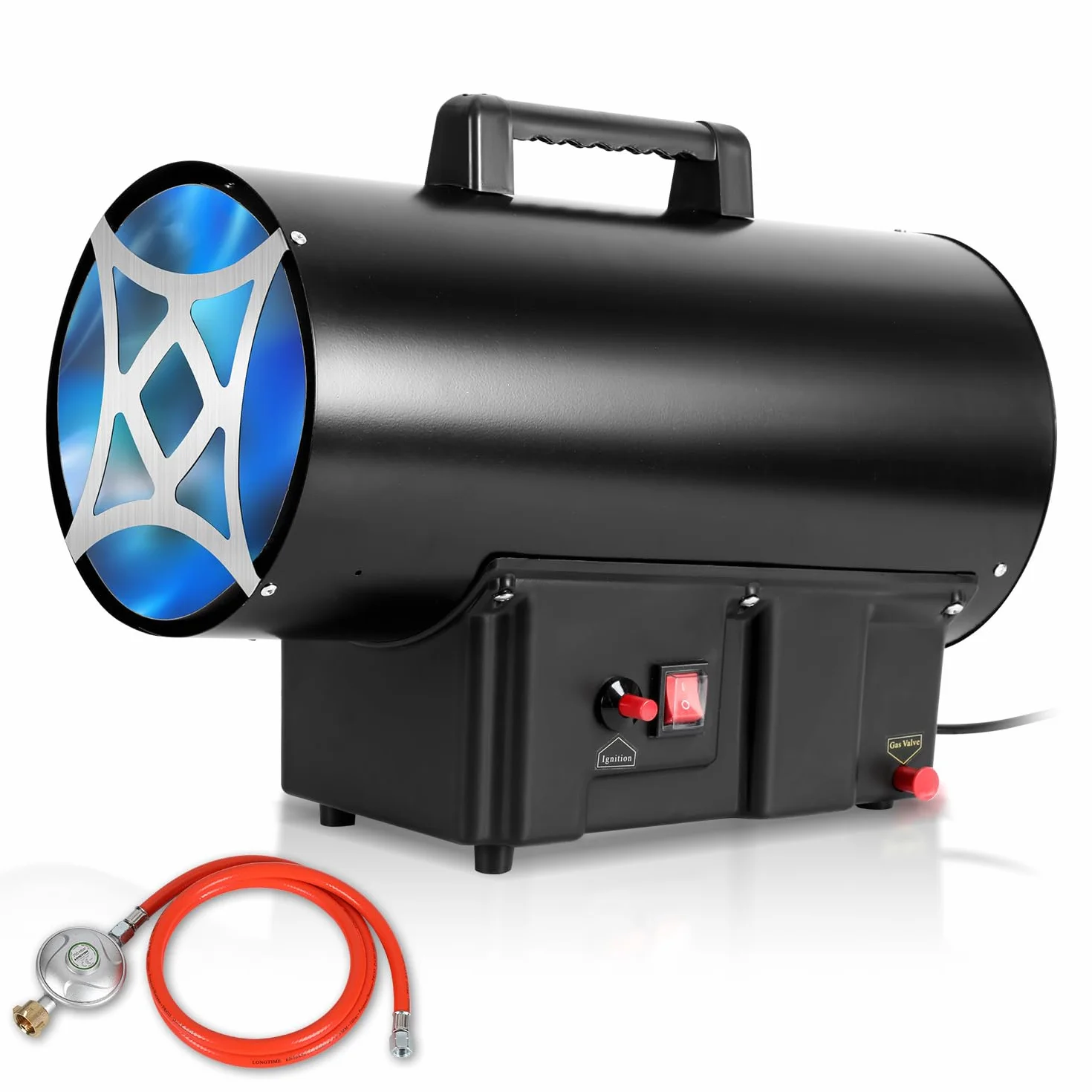 Calefactor de gas de 30 kW con manguera de conexión y regulador de presión de gas de 700 mbar, superficie efectiva: 450 m², para obras, almacenes ventilados, garajes, etc