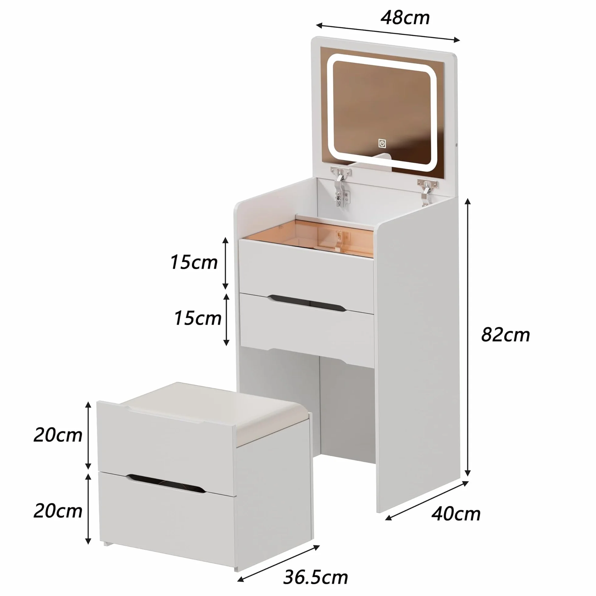 MSFE Tocador 3 en 1 con Espejo abatible Toca-dor con Luces LED de Brillo Escritorio de tocador con Escritorio de Vidrio Visible, Compacto con 3 cajones,Taburete Acolchado Tocado para Dormitorio