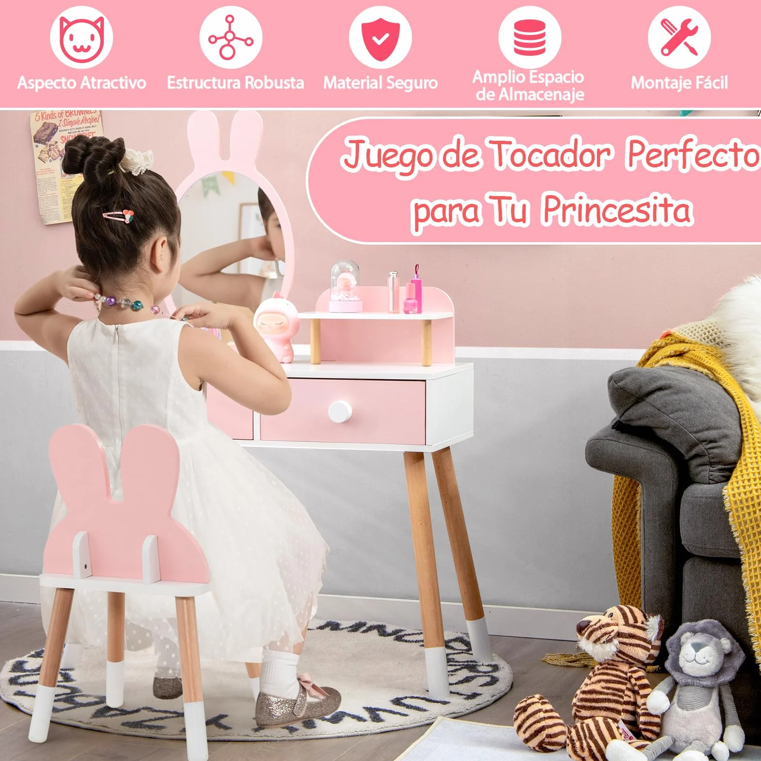 RELAX4LIFE 2 en 1 Tocador de Maquillaje para Niña con Espejo Extraíble, Taburete, 2 Cajones, 3 Accesorios, Madera, Rosa 3-7 Años