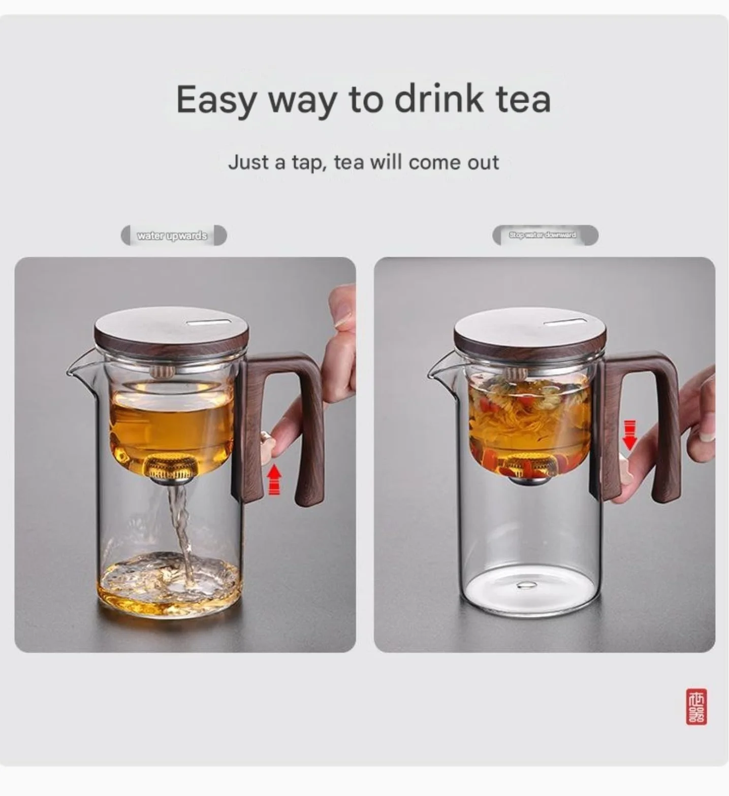 Tetera mágica de cristal con mango de madera, tetera mágica Enchanti para té de hojas sueltas, diseño elegante para los amantes del té