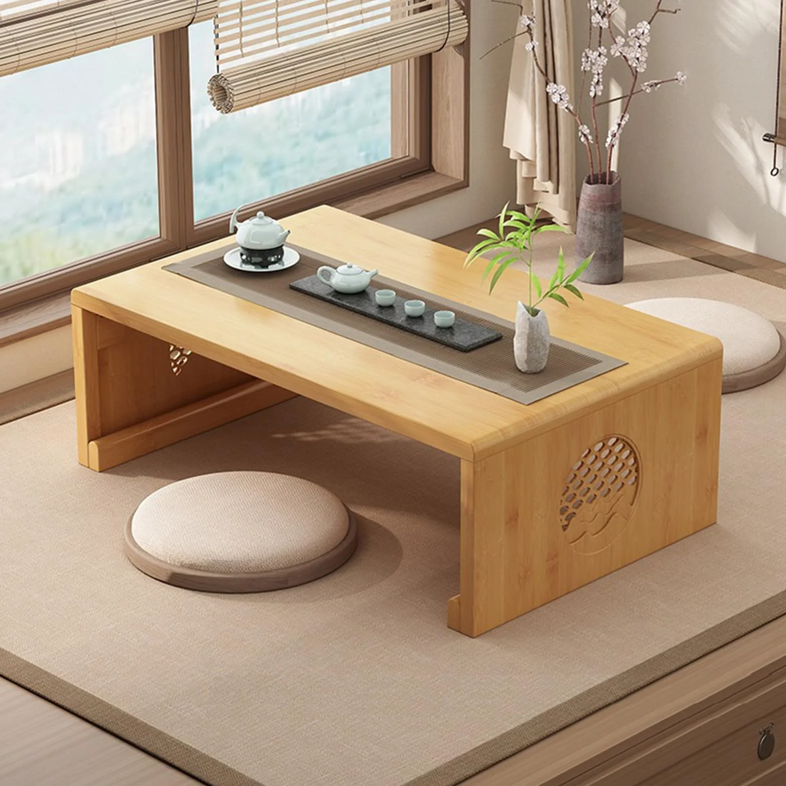 Mesa de Suelo de té Chino de bambú,Mesa de Centro Plegable Japonesa,Mesa de Altar for meditación,Mesa de Tatami Plegable portátil Baja for Sala de Estar,decoración del hogar (L, Tronco)