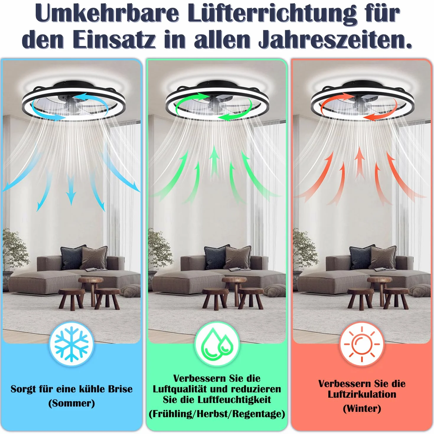 2 ventiladores de techo con iluminación y mando a distancia, diámetro de 48 cm, lámpara de techo con ventilador regulable, 3 temperaturas de color y 6 niveles, función verano/invierno, con